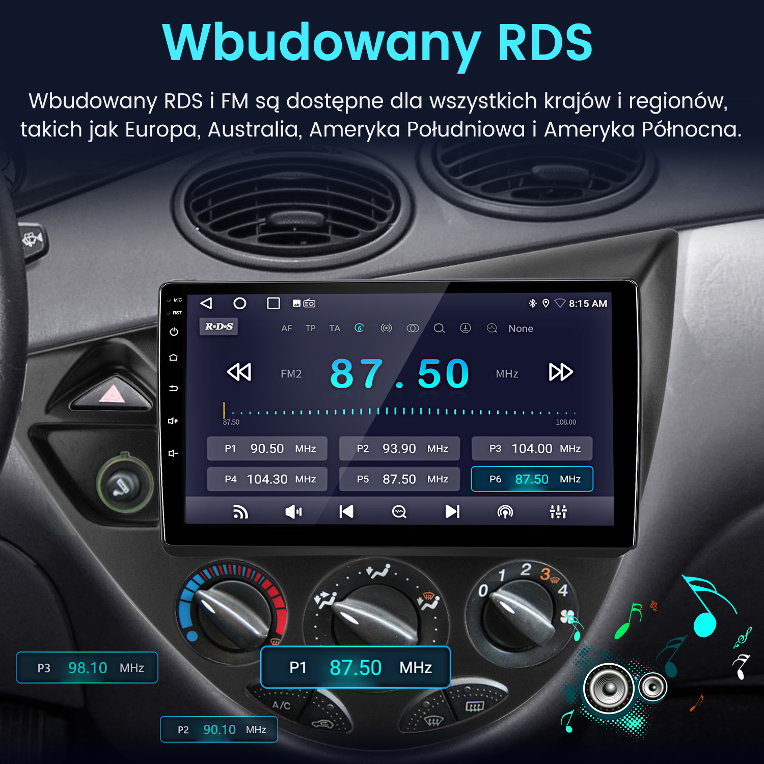 Ekran radia samochodowego wyświetlający 87,50 MHz. Widoczne elementy sterowania FM i zaprogramowanych stacji radiowych. Tło to deska rozdzielcza.
