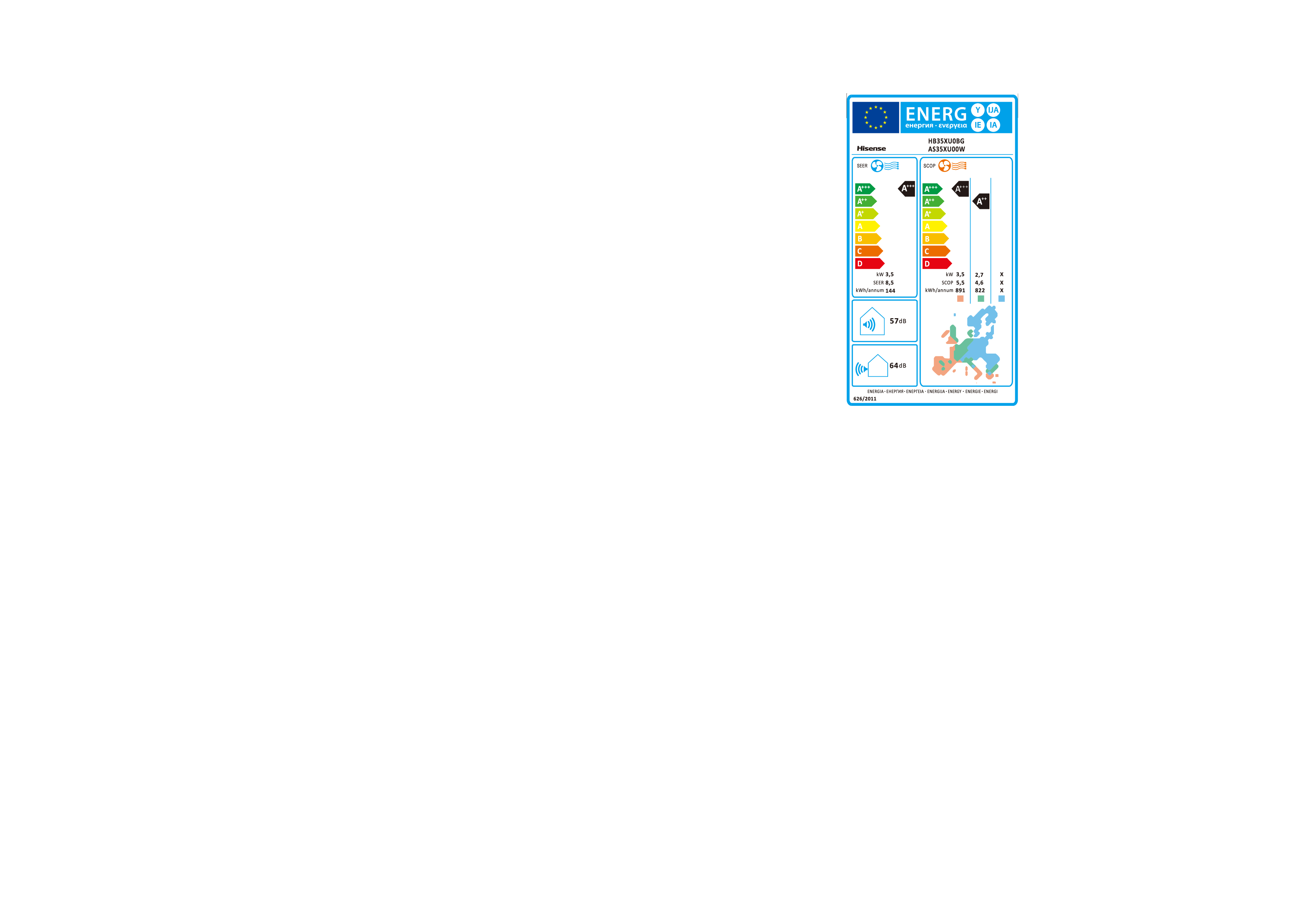 Etiqueta energética con el logo de Hisense. Muestra información de eficiencia energética, incluyendo clasificaciones y datos de consumo.
