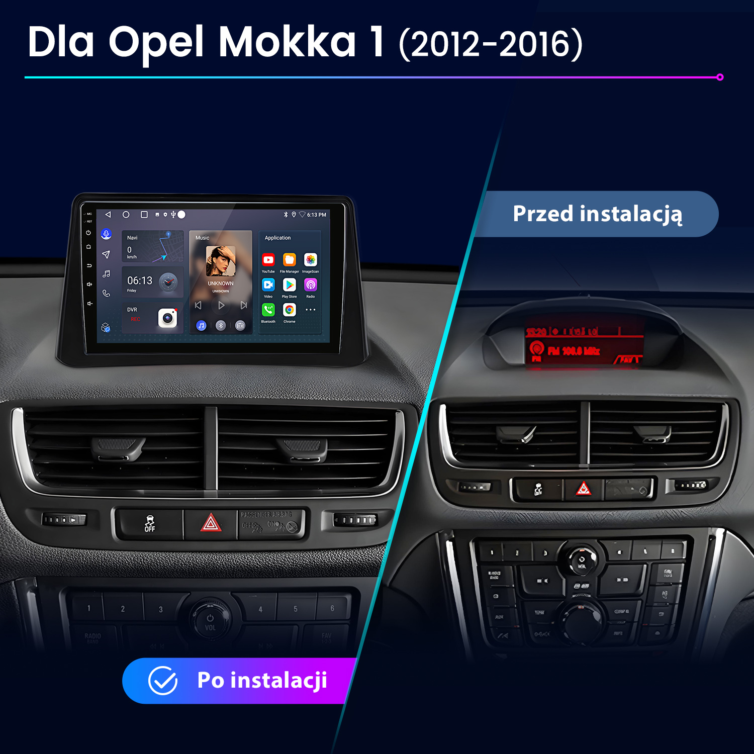 Obrazek przedstawia deskę rozdzielczą samochodu przed i po instalacji nowego systemu multimedialnego. Wyświetla radio samochodowe i nowy ekran.