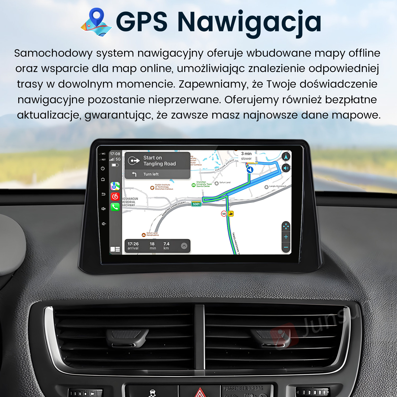 Deska rozdzielcza samochodu z nawigacją GPS pokazującą mapę trasy i wskazówki.