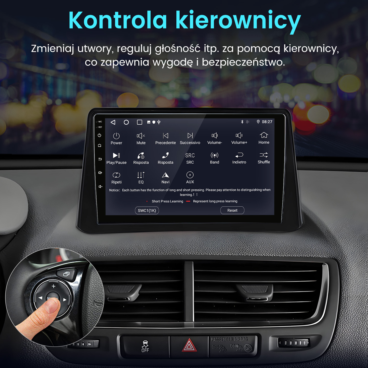 System informacyjno-rozrywkowy w samochodzie z ręką naciskającą przycisk na kierownicy. Ekran wyświetla różne funkcje.