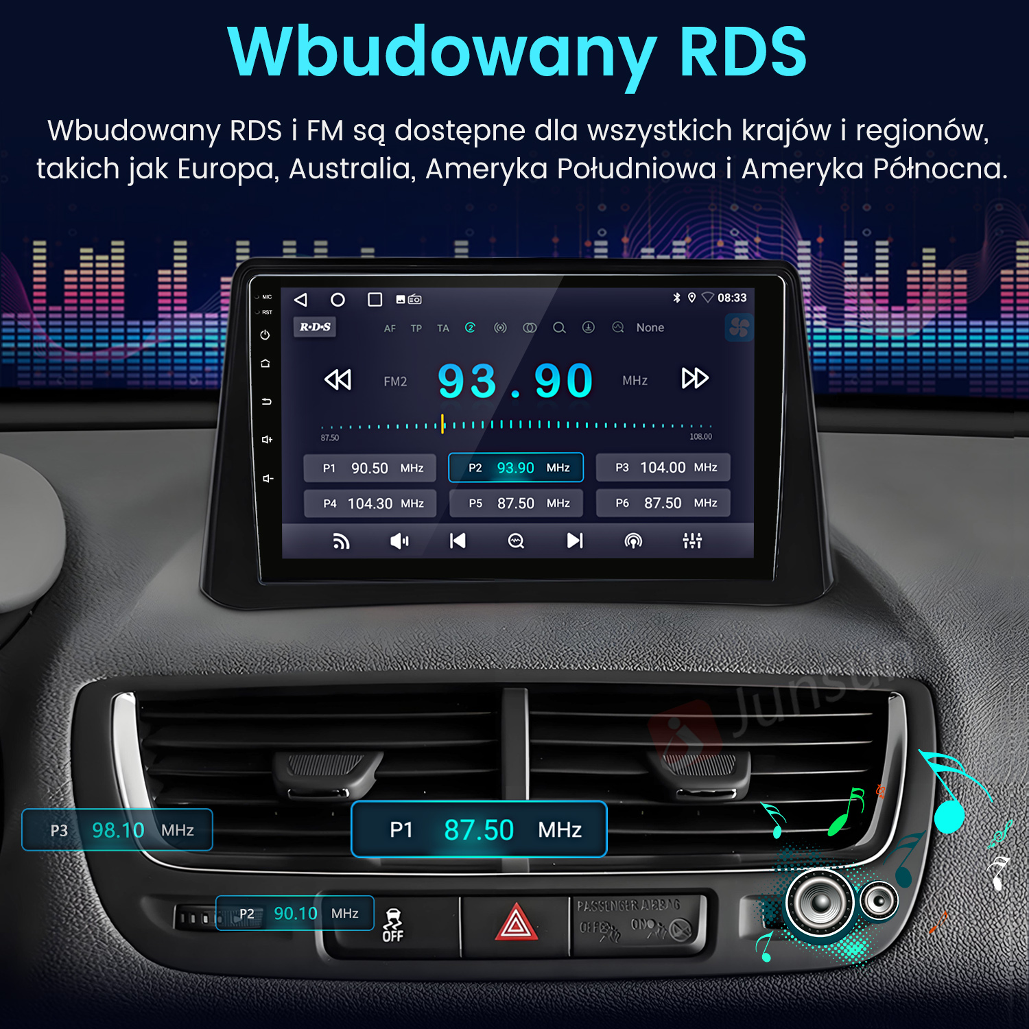 Deska rozdzielcza samochodu pokazuje ekran radia wyświetlający 93,90 MHz. Widoczne są otwory wentylacyjne samochodu i inne elementy sterujące.