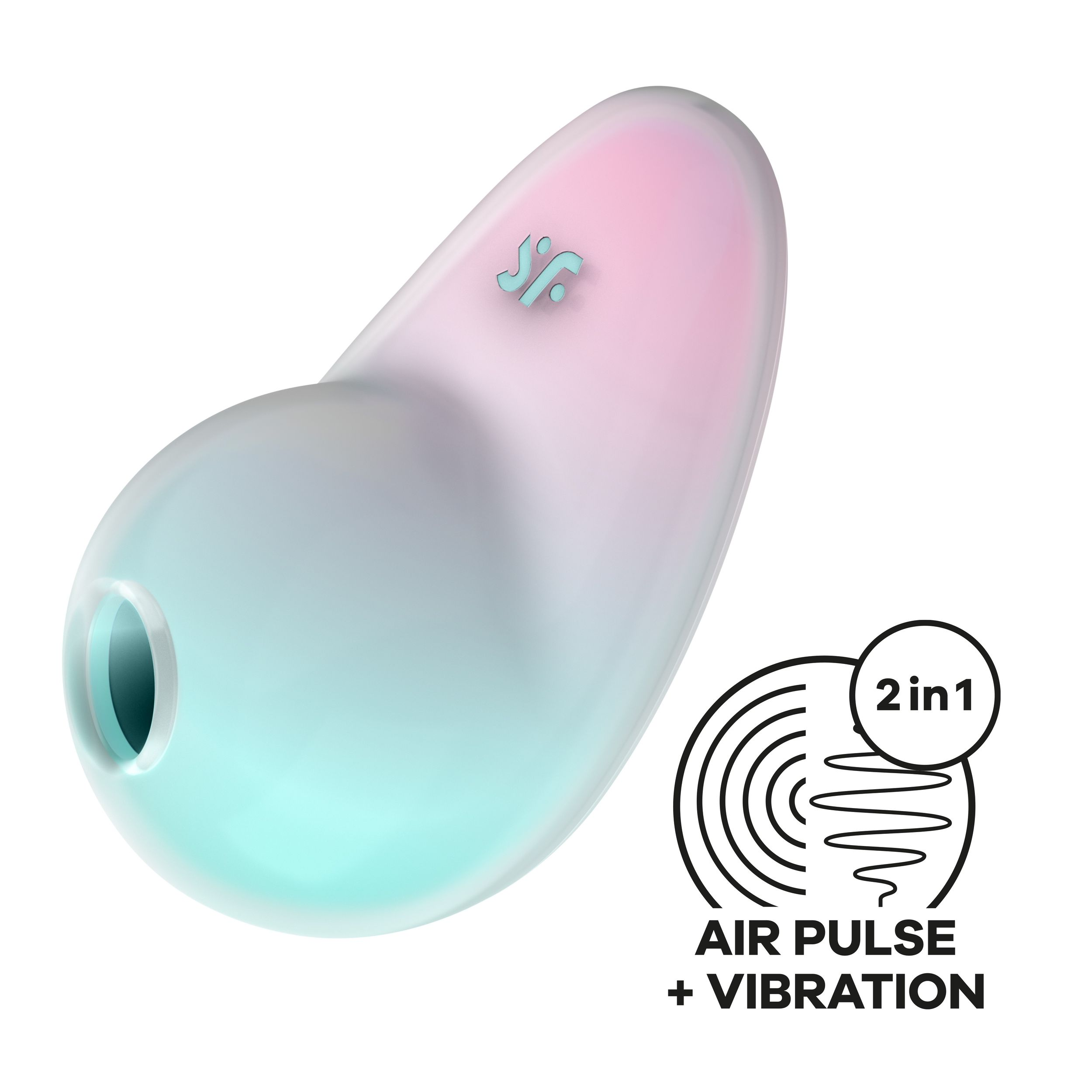 Turkusowa i różowa zabawka erotyczna z logo i tekstem 'Air pulse + vibration' i '2 w 1' na białym tle.