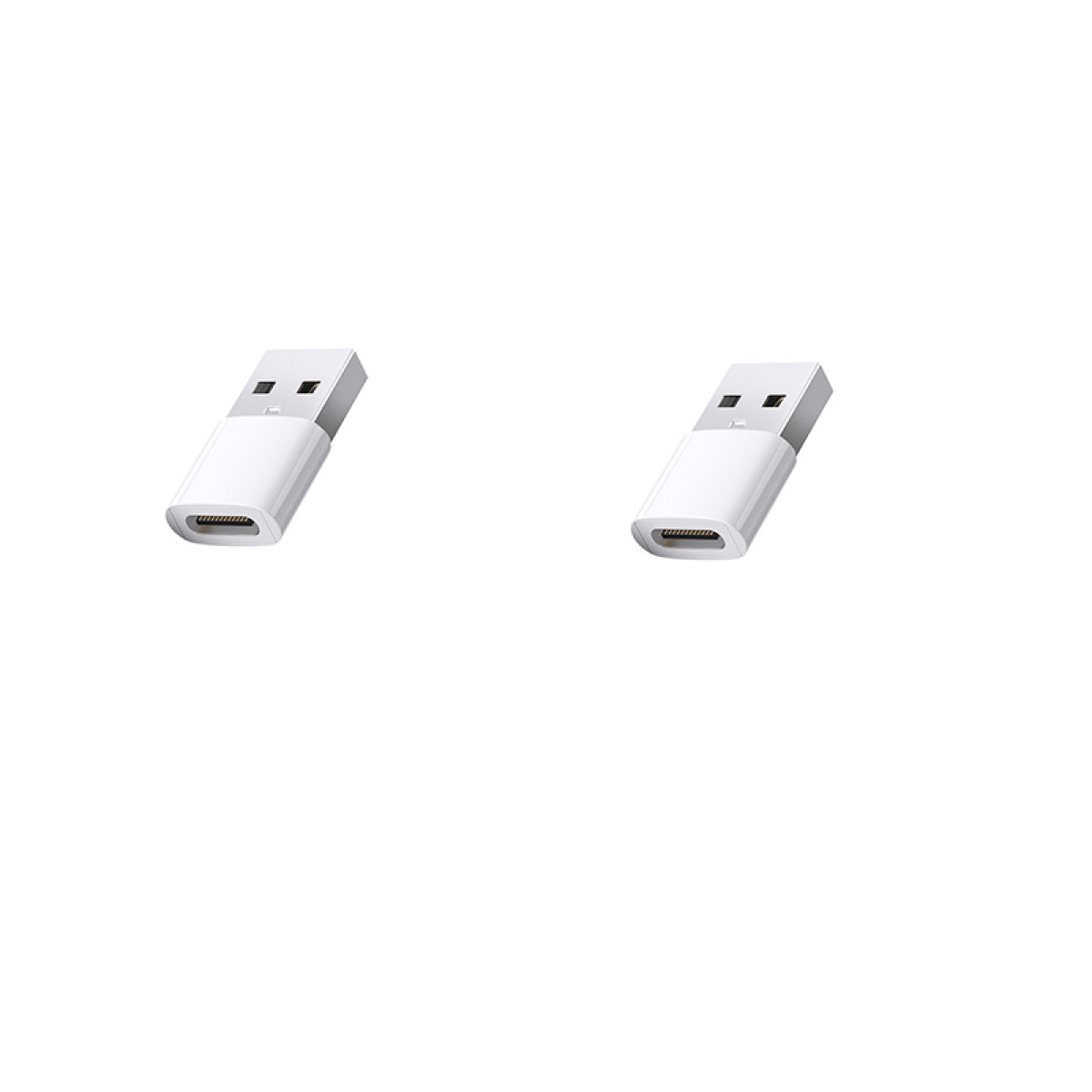 Zwei weiße USB-C-zu-USB-Adapter auf weißem Hintergrund. Jeder Adapter hat ein weißes Gehäuse und einen silbernen Stecker.