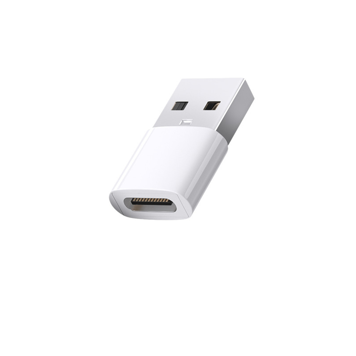 Ein weißer USB-C-Adapter auf weißem Hintergrund. Der Adapter hat einen USB-A-Anschluss und einen USB-C-Anschluss. Er ist leicht abgewinkelt.