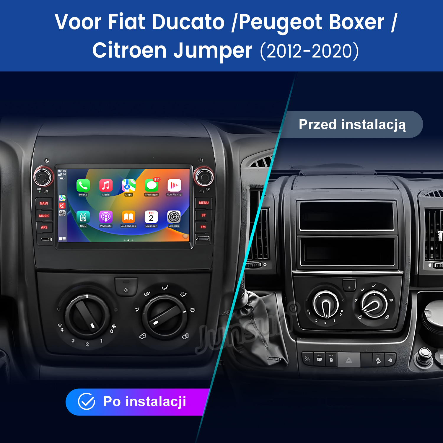 Porównanie deski rozdzielczej samochodu: przed i po. Po lewej ekran z aplikacjami; po prawej oryginalna deska rozdzielcza.