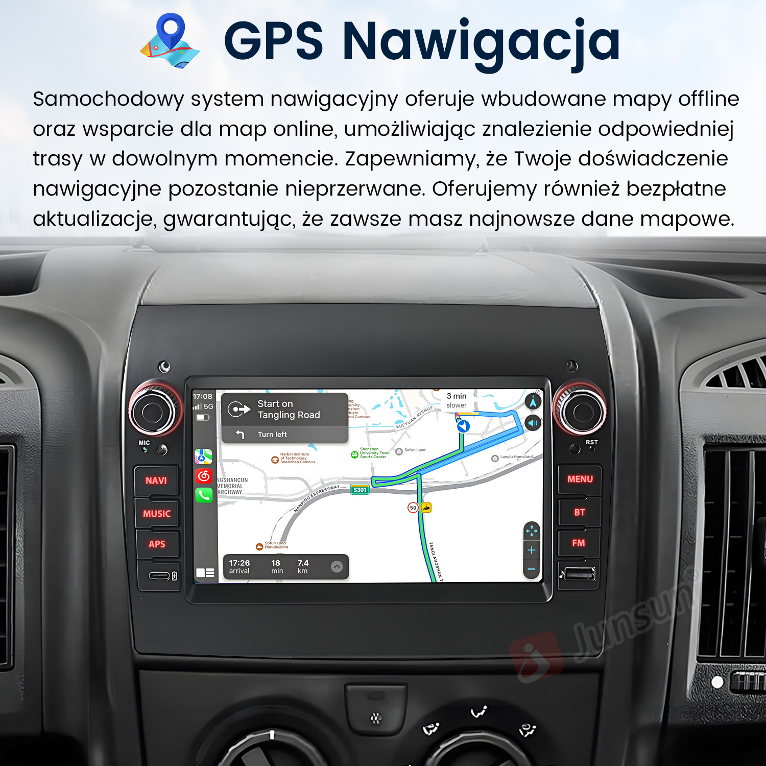 Samochodowy system nawigacji GPS z mapą i instrukcjami nawigacji. Widoczne przyciski do muzyki, radia i menu.