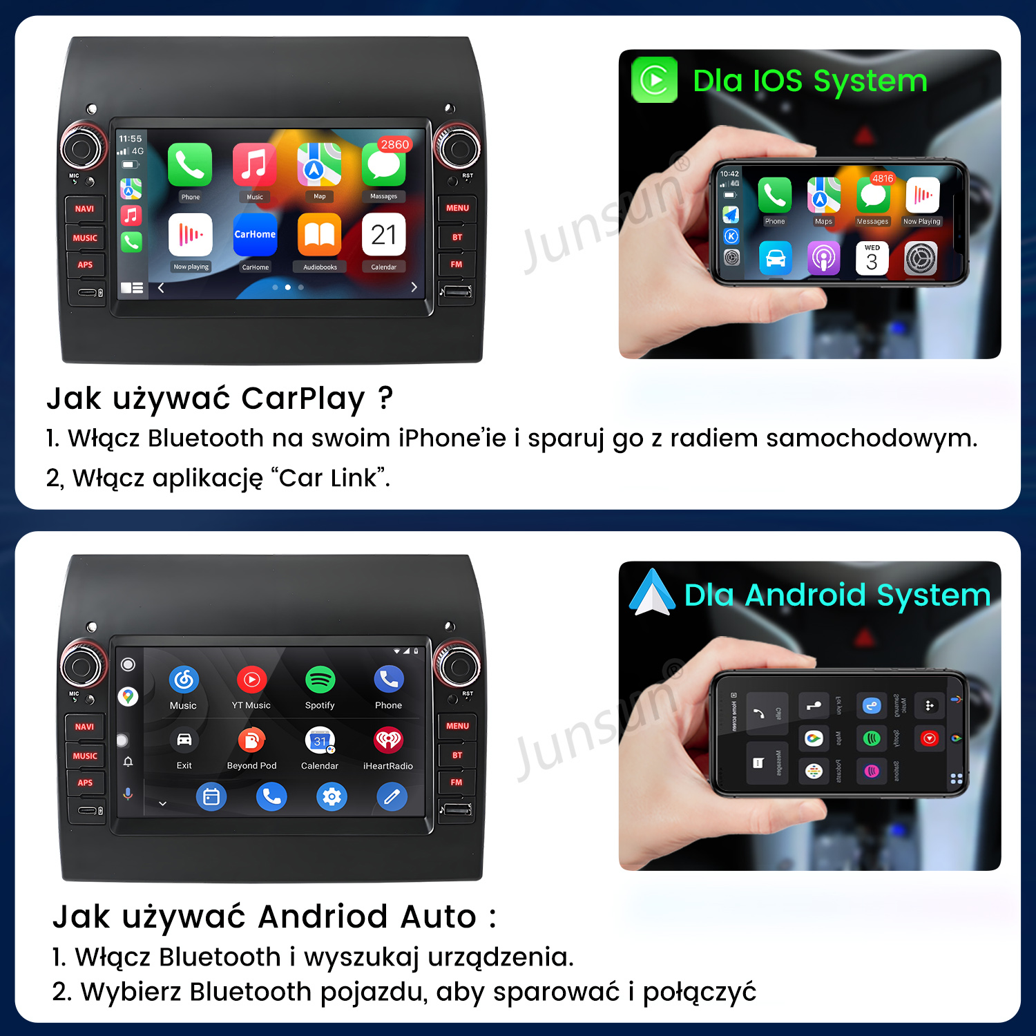 Ekran radia samochodowego wyświetlający aplikacje. Telefon pokazuje aplikację mapy. Wyświetlane są instrukcje dotyczące korzystania z CarPlay i Android Auto.