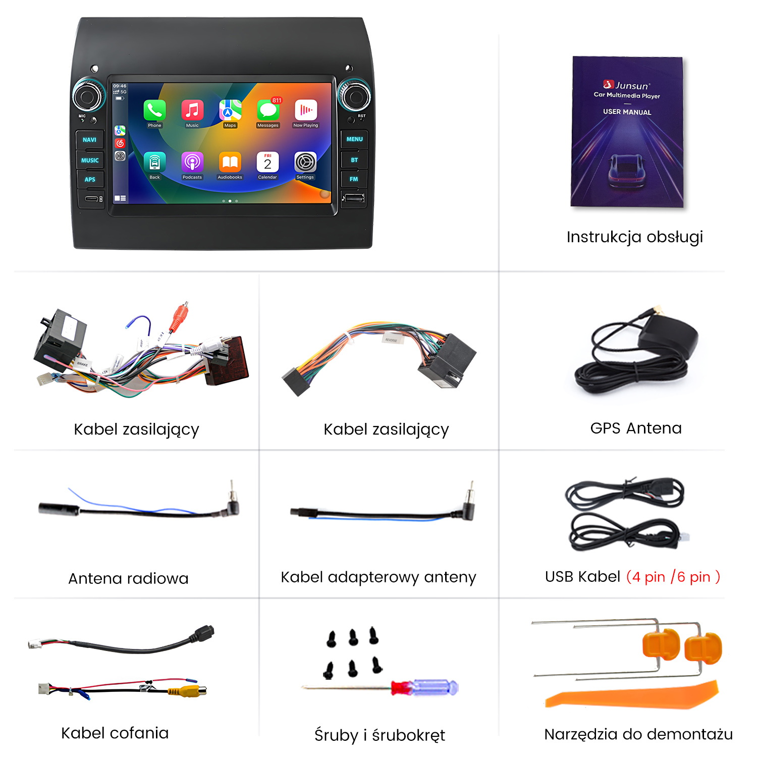 Odtwarzacz multimedialny do samochodu z akcesoriami: kable, antena, instrukcja obsługi, śruby i narzędzia do instalacji.