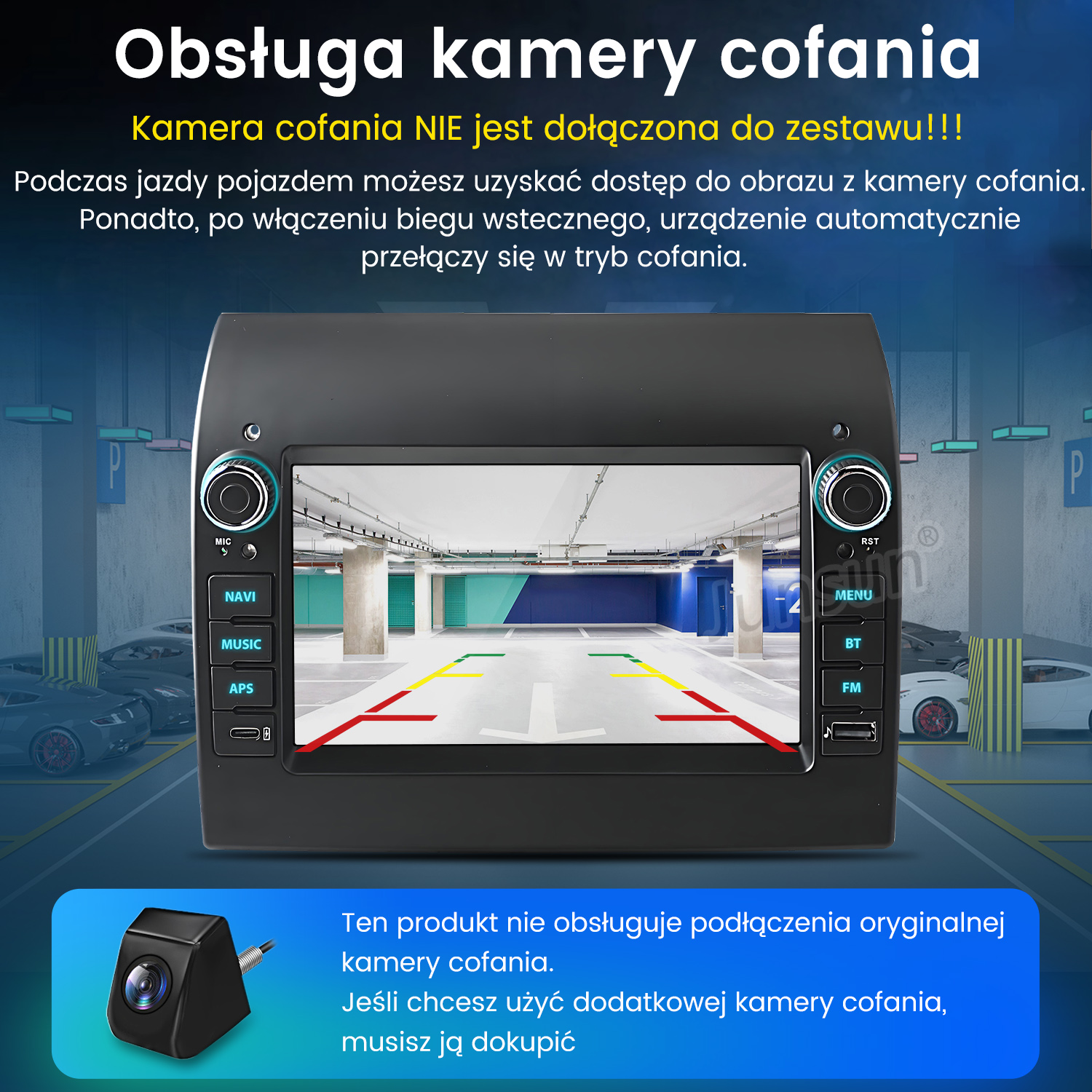 Ekran radia samochodowego pokazujący widok parkingu. Przyciski: NAVI, MUSIC, APS, MENU, BT i FM. Pokazano kamerę.