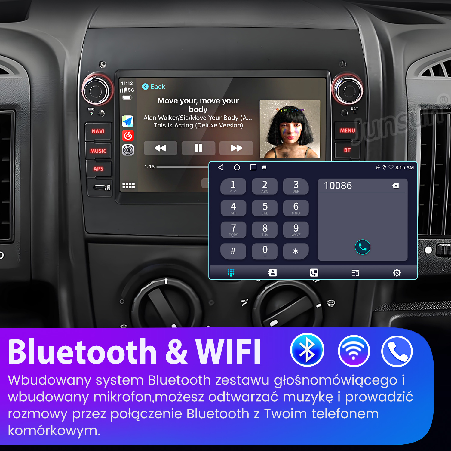 Deska rozdzielcza samochodu z ekranem odtwarzającym muzykę i dialerem telefonicznym. Logo Bluetooth i Wifi na dole.