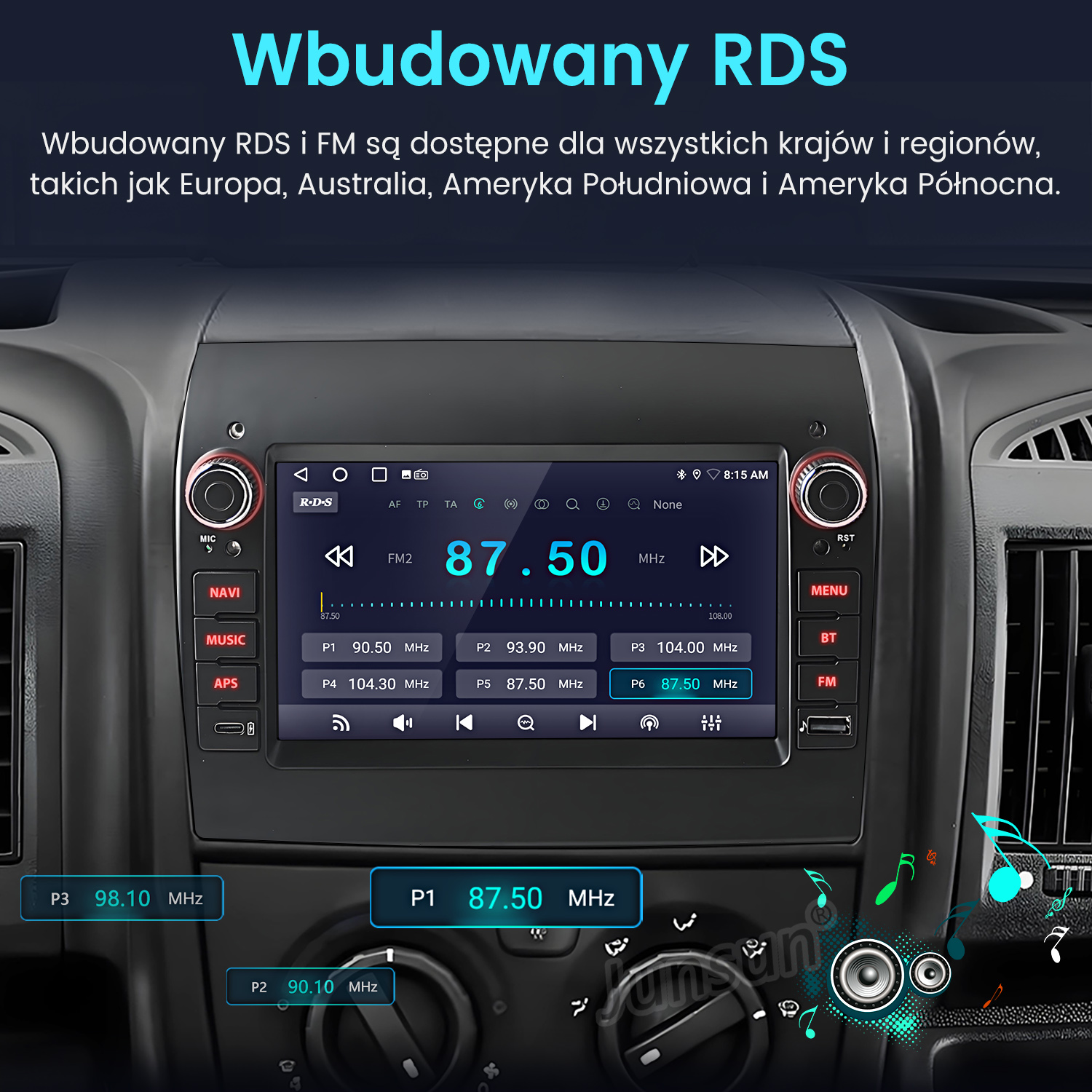 Ekran radia samochodowego wyświetlający 87,50 MHz, z przyciskami nawigacji, muzyki i innych funkcji. Wnętrze samochodu.