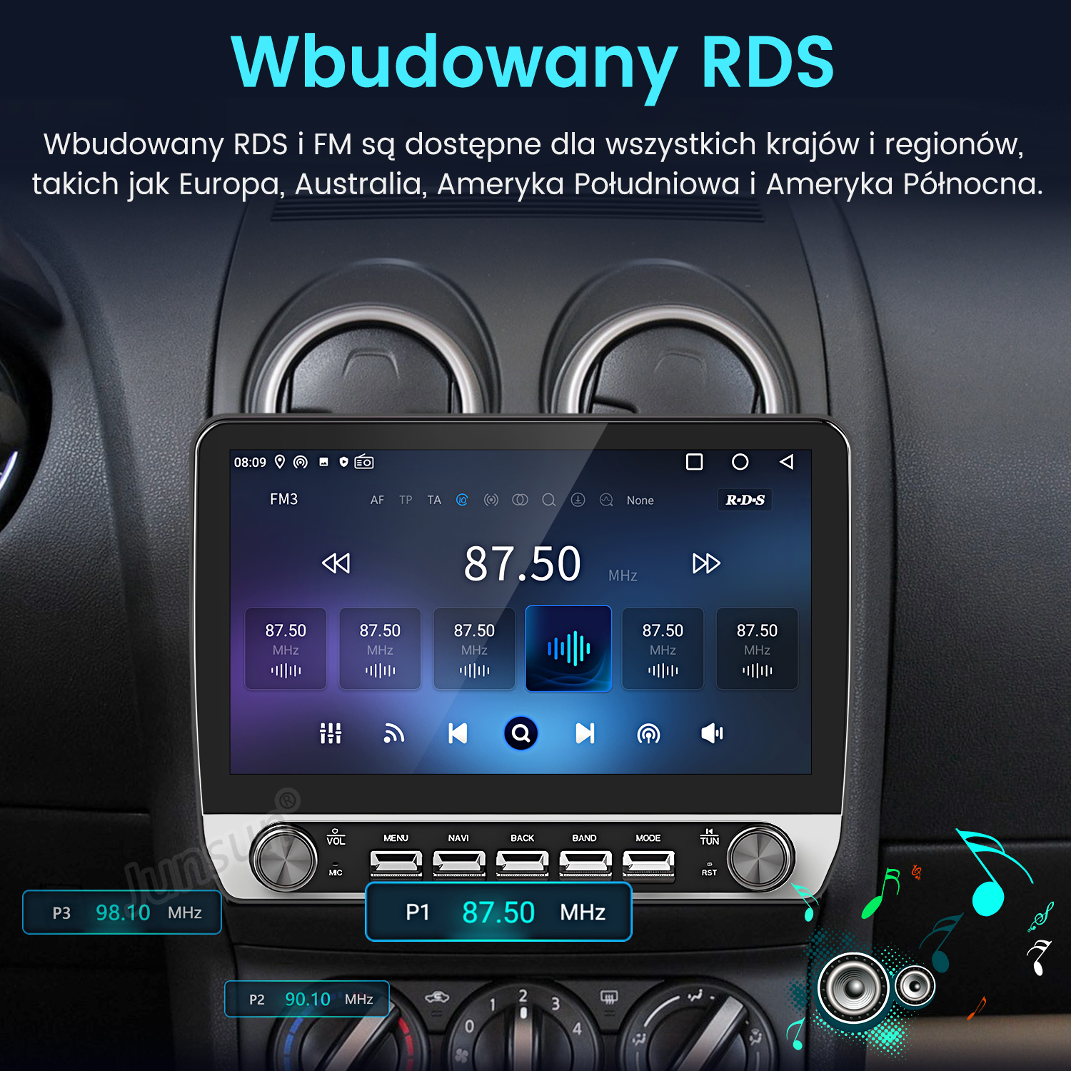 Ekran radia samochodowego wyświetla 87,50 MHz. Tekst: Wbudowany RDS. Widoczne są przyciski i pokrętła, wraz z innymi częstotliwościami stacji radiowych.