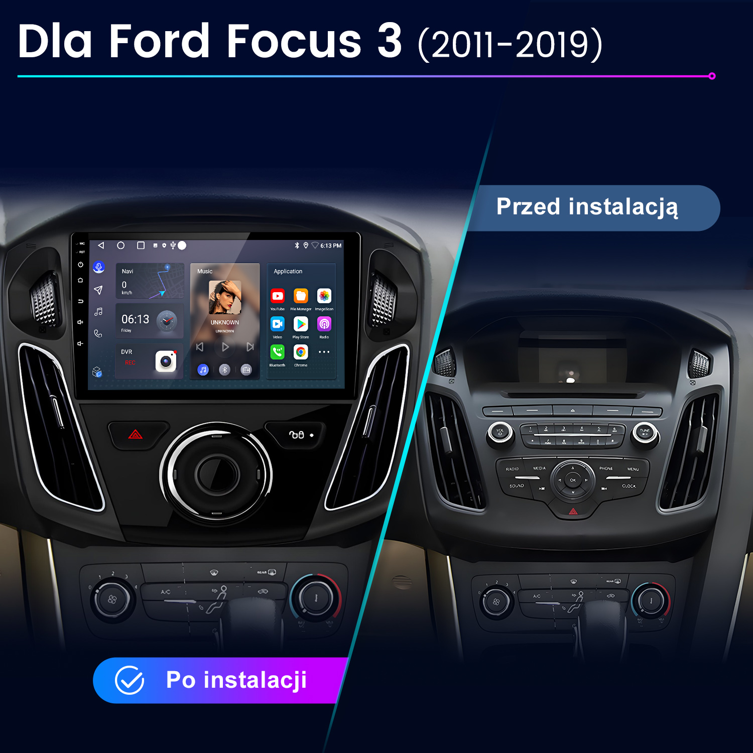 Porównanie deski rozdzielczej samochodu: przed i po instalacji nowego systemu multimedialnego. Pokazuje ekrany nawigacji, muzyki i aplikacji.