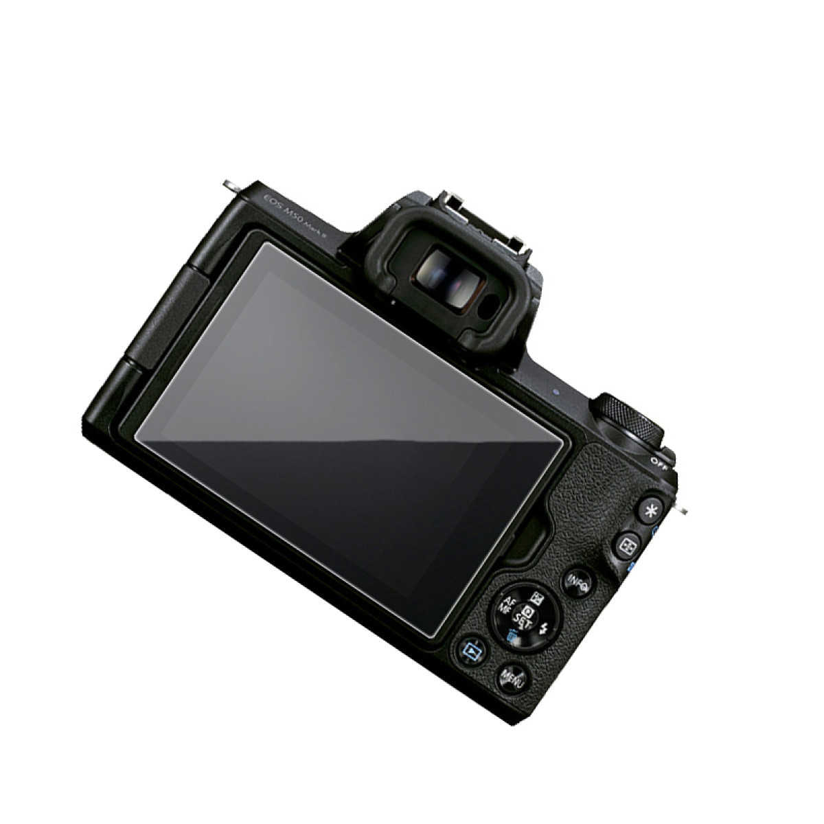 Czarny aparat cyfrowy na białym tle. Ekran aparatu jest widoczny, wraz z przyciskami i wizjerem.