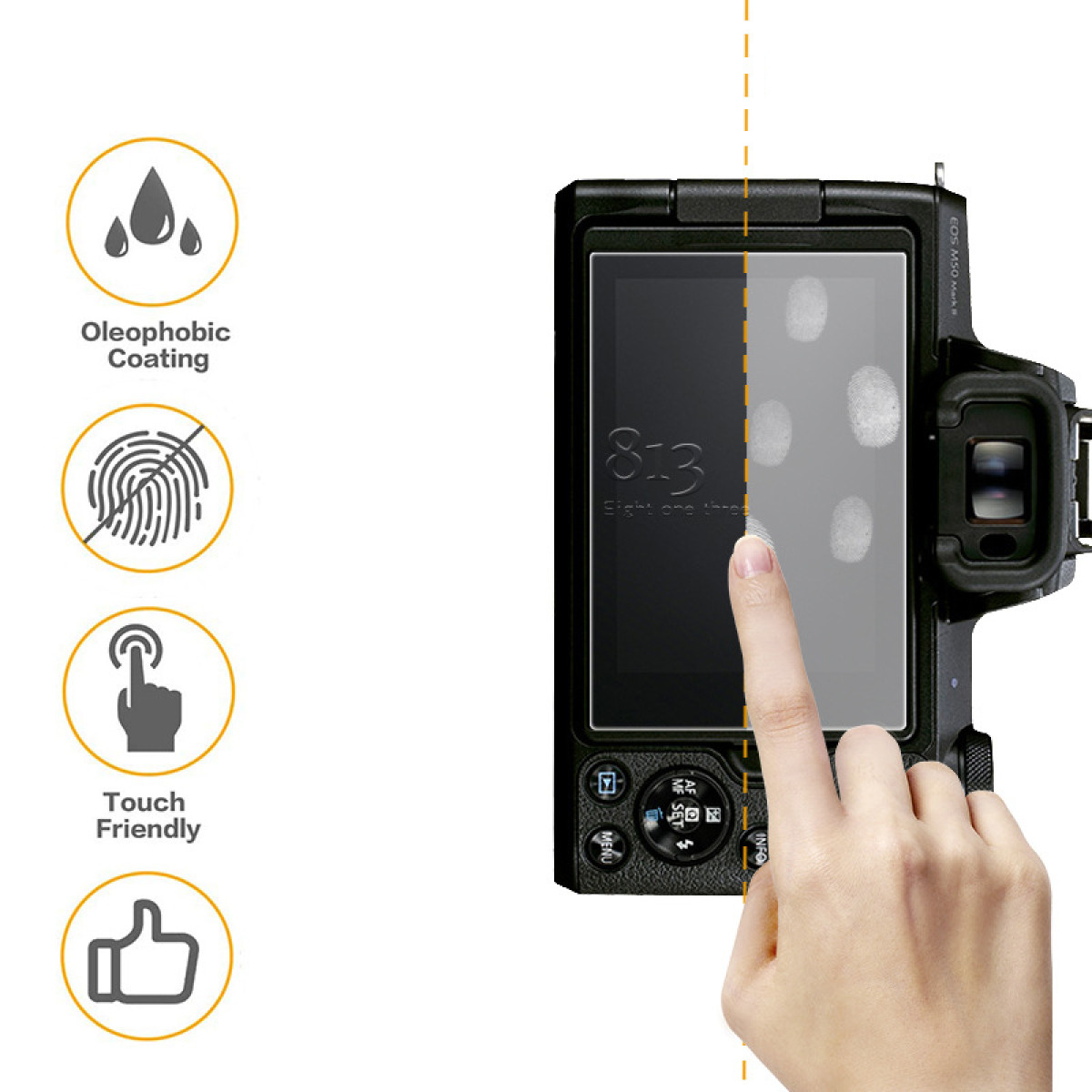 Dłoń dotyka ekranu aparatu. Ekran pokazuje odciski palców po prawej stronie, czysty po lewej. Obecne są ikony funkcji oleofobowych i przyjaznych dla dotyku.