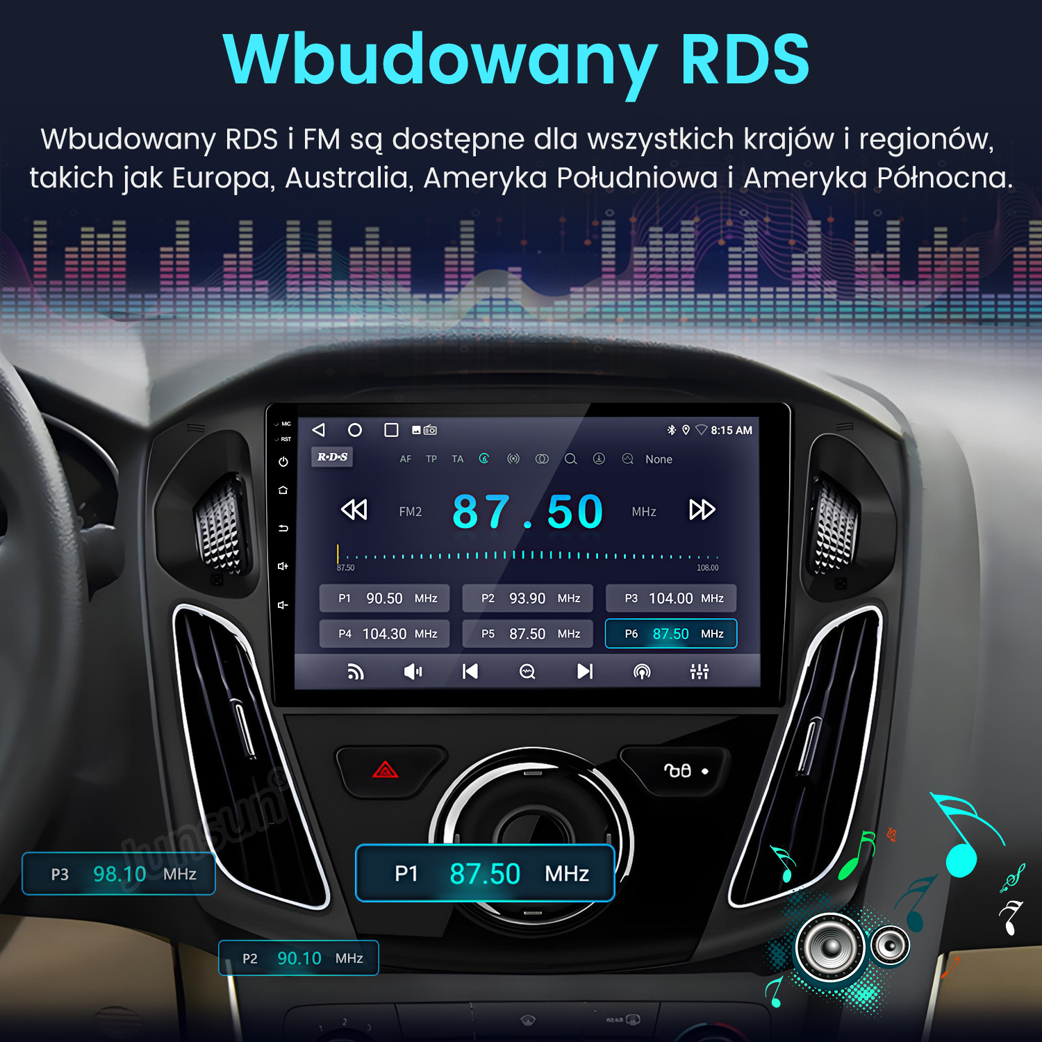 Deska rozdzielcza samochodu z wyświetlaczem radia pokazującym 87,50 MHz. Zawiera informacje RDS i tekst o dostępności w różnych regionach.