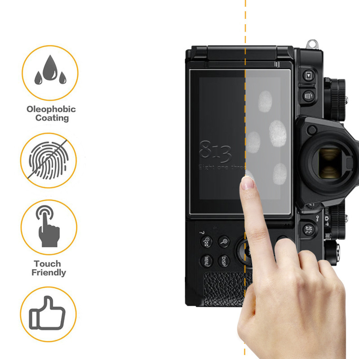 Ręka dotyka ekranu aparatu, prezentując osłonę ekranu. Pokazano ikony powłoki oleofobowej, odporności na odciski palców i funkcji dotykowych.