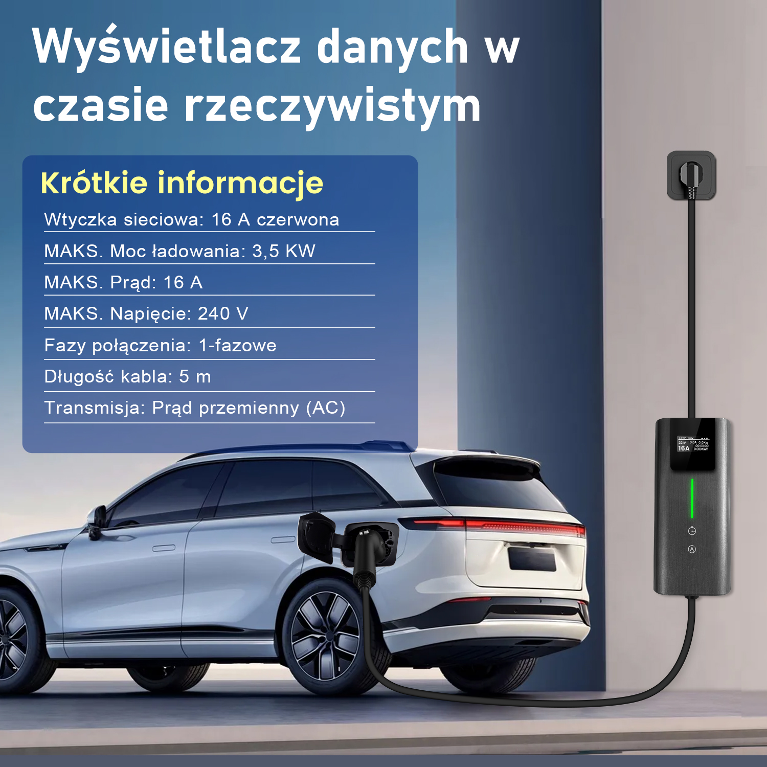 Samochód elektryczny w trakcie ładowania. Stacja ładowania jest podłączona do samochodu i ściany. Panel pokazuje status.