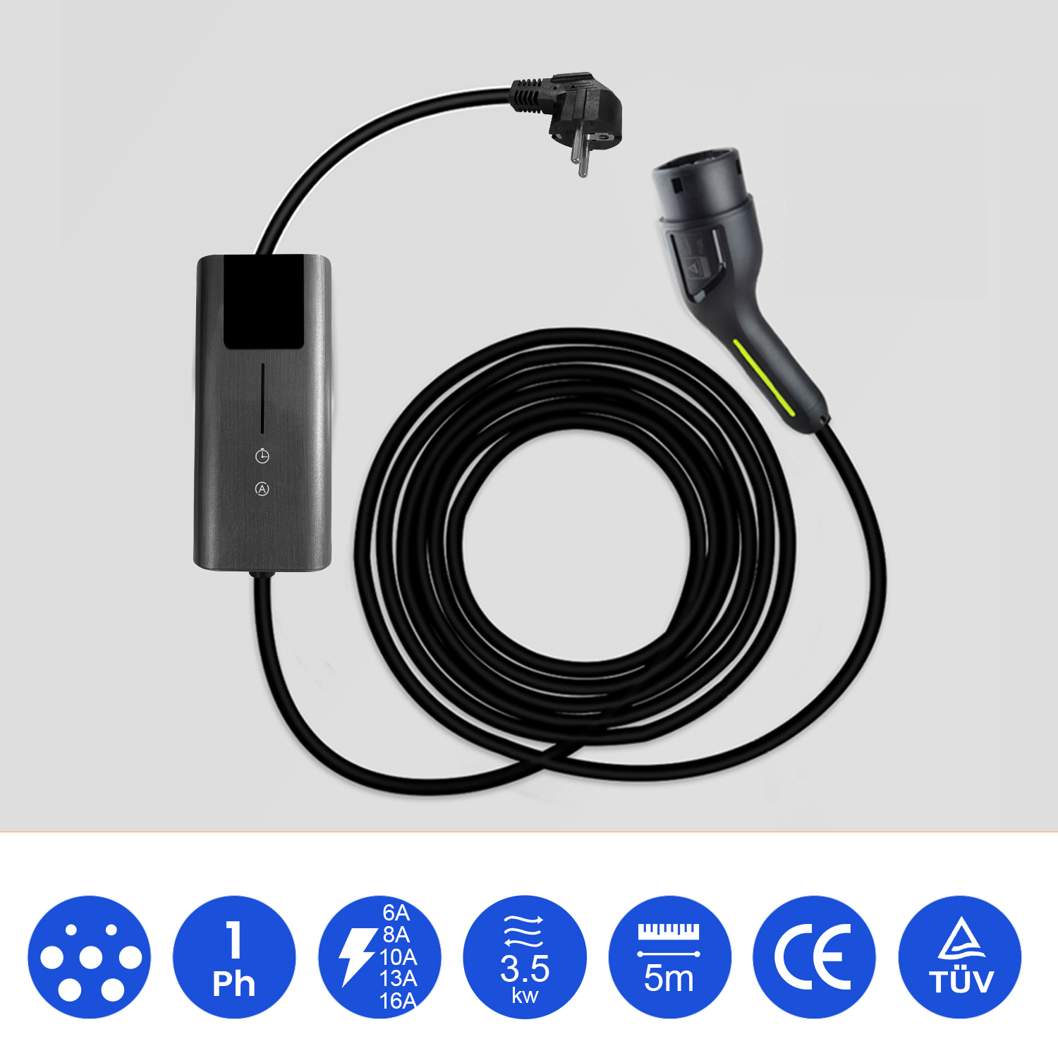 Ładowarka do EV z czarnym kablem, wtyczką i portem ładowania. Ma skrzynkę sterowniczą i różne ikony.