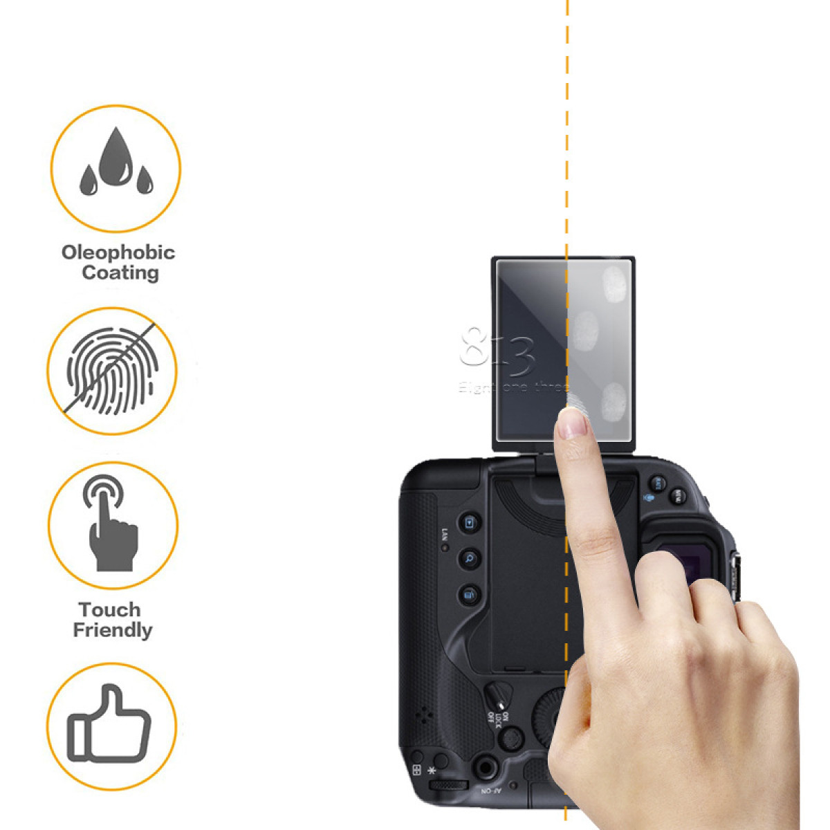 Ręka dotyka osłony ekranu na wyświetlaczu aparatu. Pokazano ikony powłoki oleofobowej, odporności na odciski palców, przyjazne dla dotyku i polubienia.