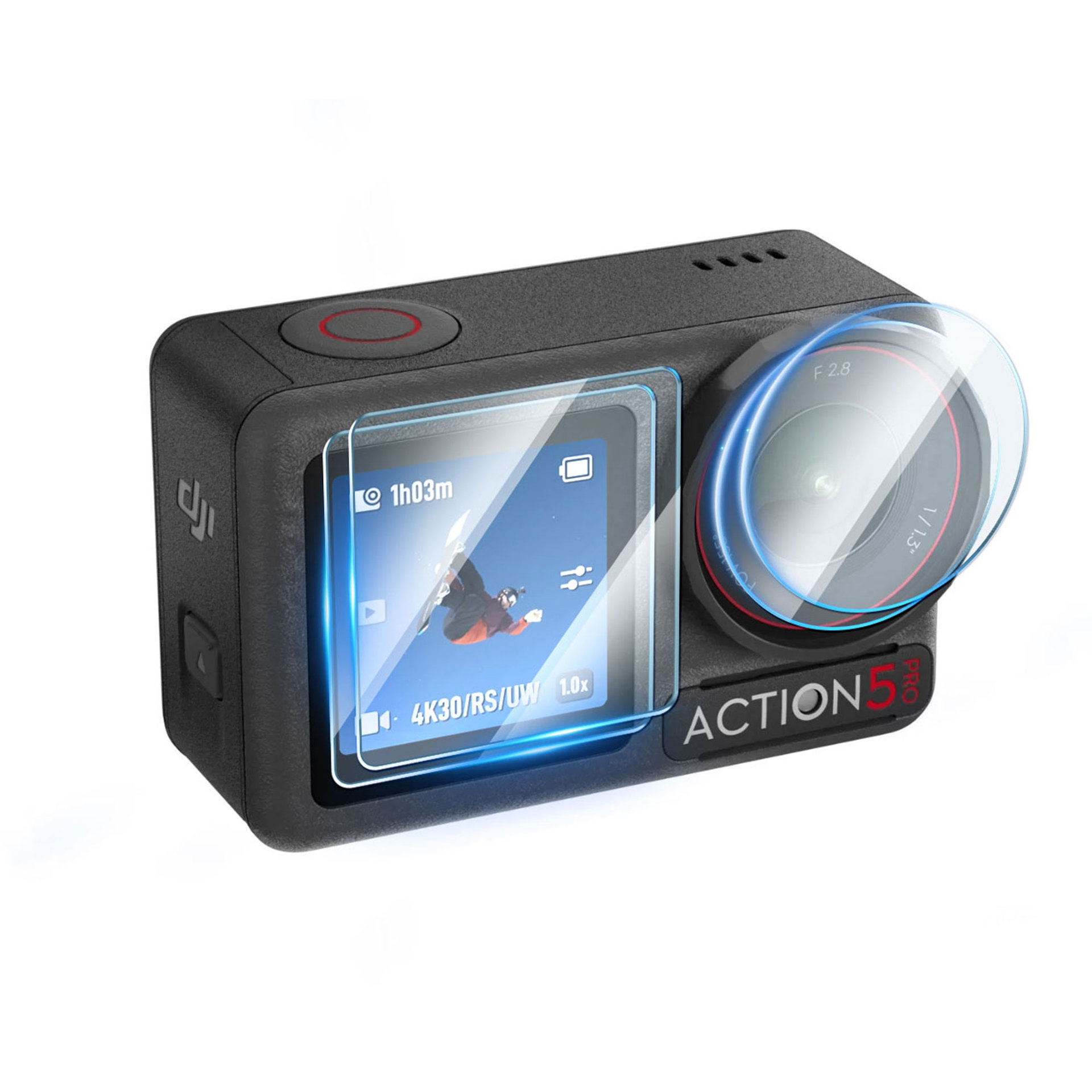 Czarna kamera sportowa z ekranem pokazującym narciarza. Widoczny obiektyw i przyciski. Ekran pokazuje ustawienia wideo.