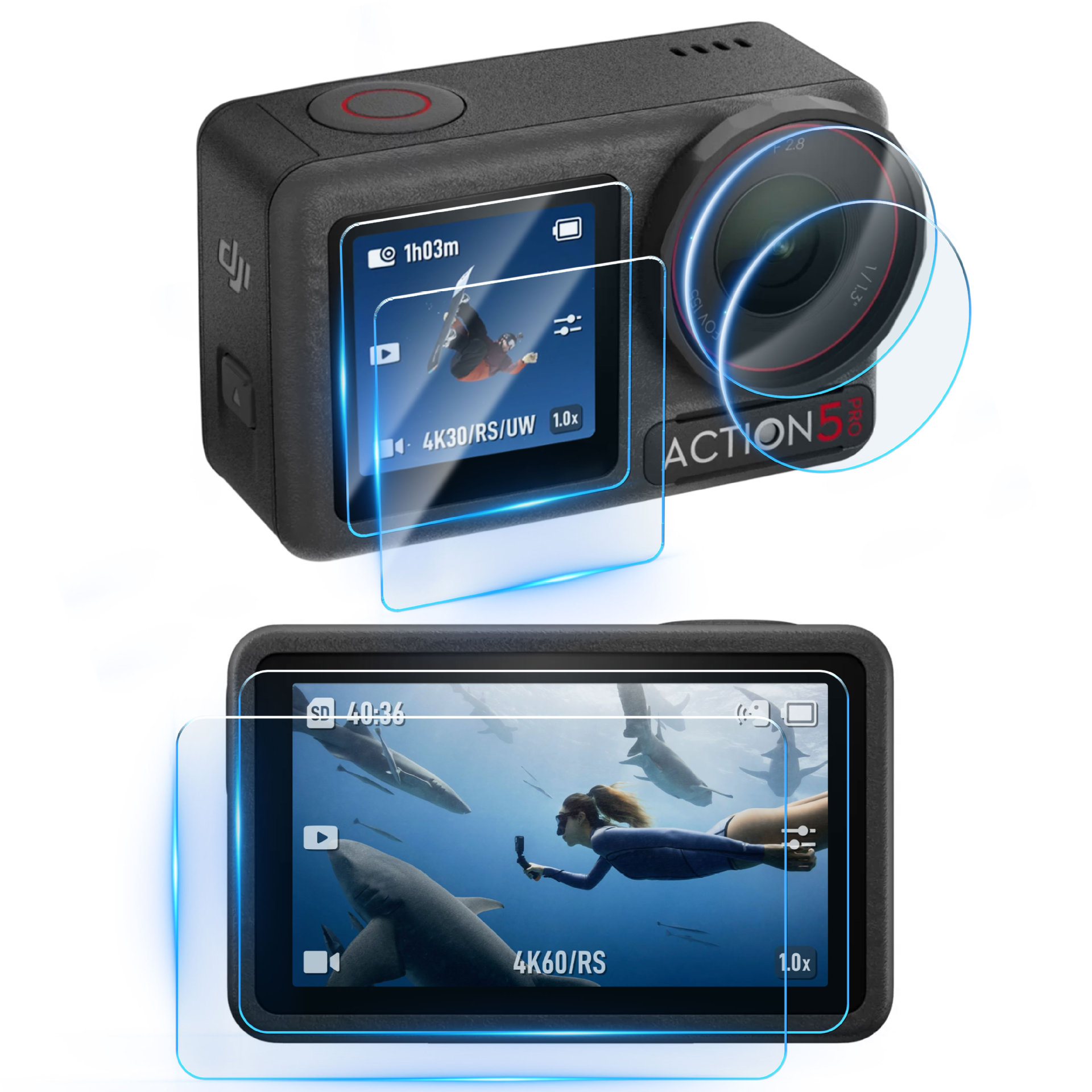 Czarna kamera sportowa z dwoma ekranami wyświetlającymi filmy. Jeden pokazuje snowboardzistę, drugi rekiny.