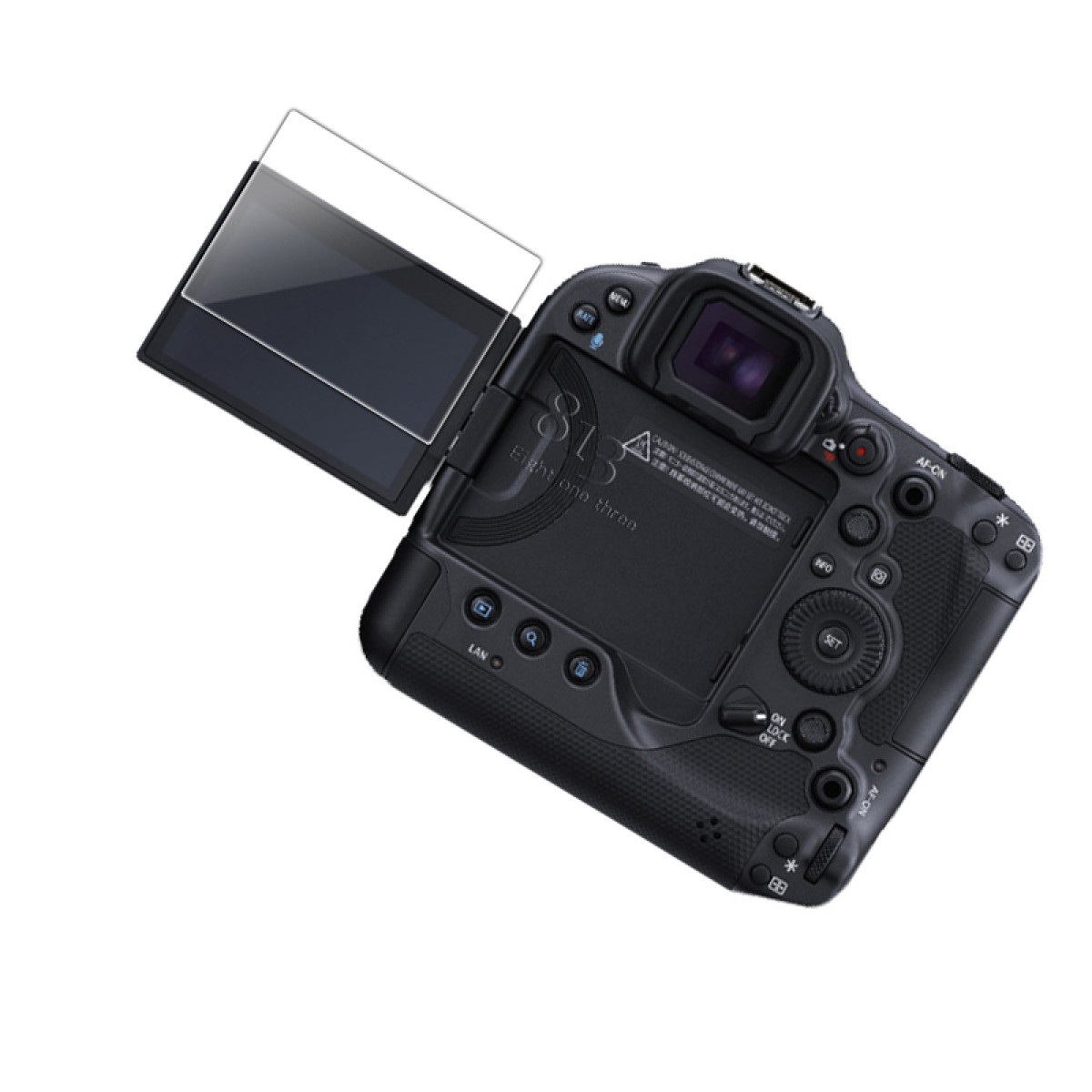 Czarny aparat jest pochylony, pokazując tył z przyciskami, ekranem i wizjerem. Ekran jest otwarty, pokazując wyraźny wyświetlacz.