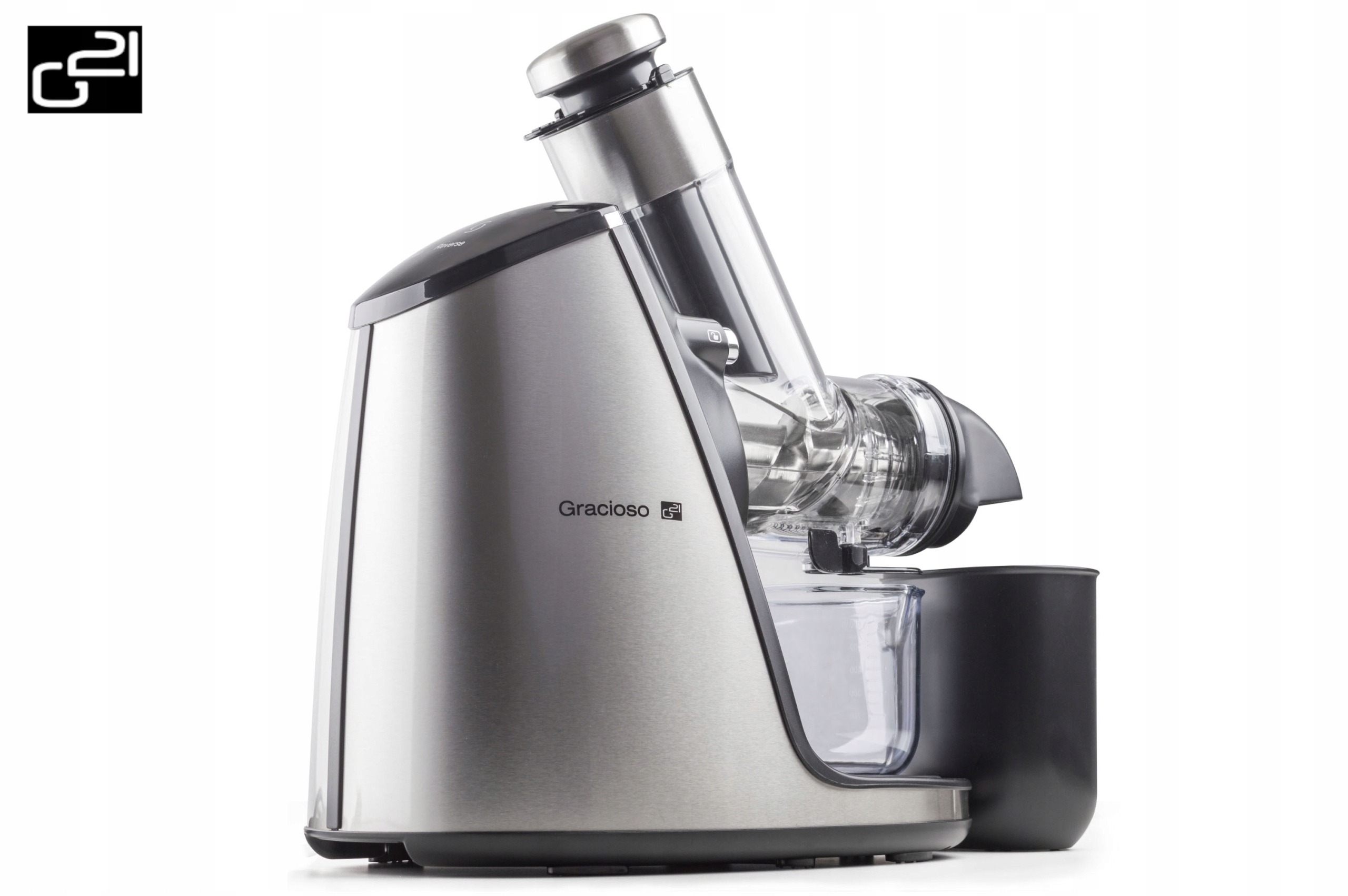 Srebrno-czarna wyciskarka do soku na białym tle. Ma przezroczysty pojemnik i czarny pojemnik.