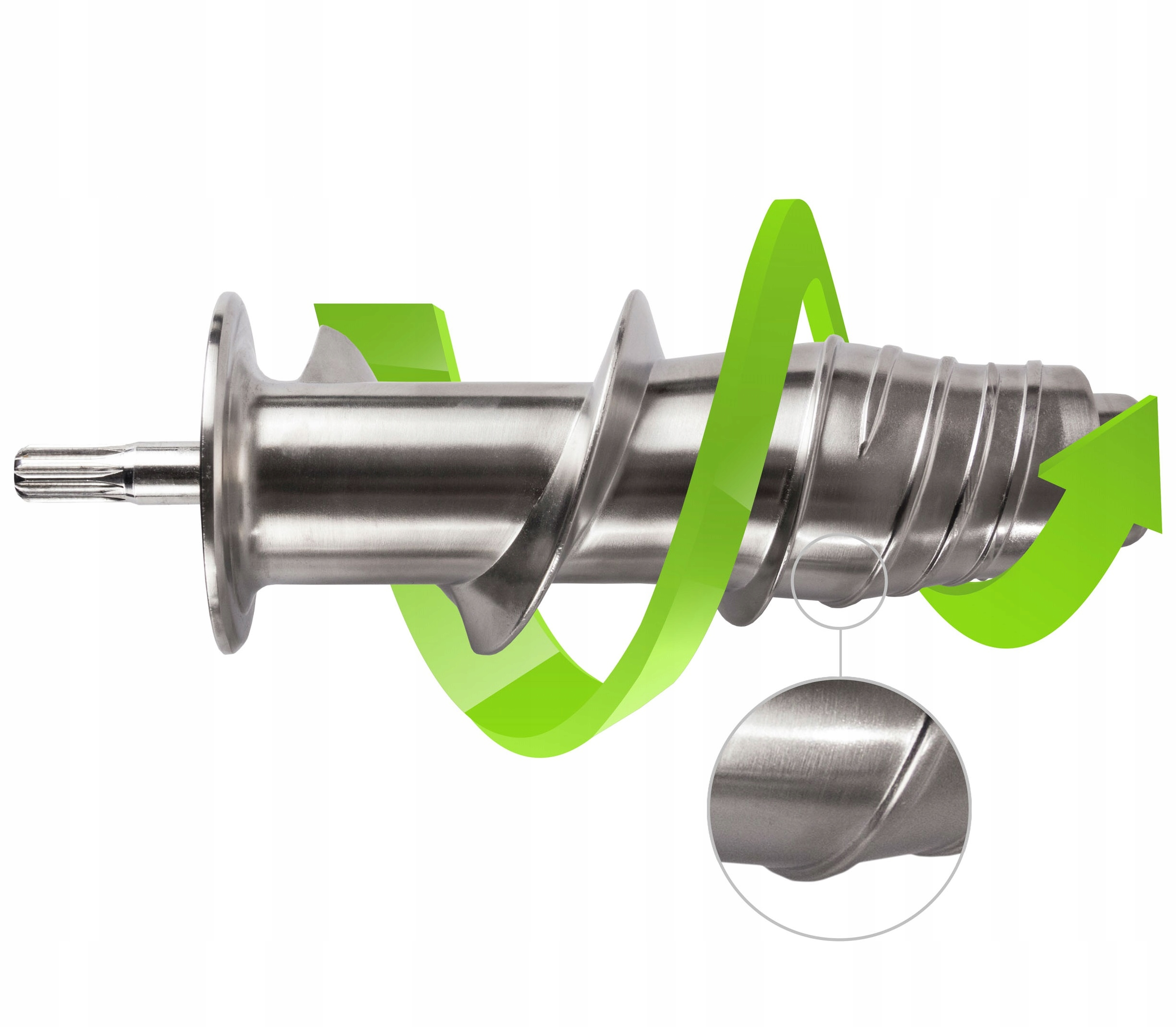 Śruba ze stali nierdzewnej z zieloną strzałką. Mała wstawka pokazuje szczegóły spirali.