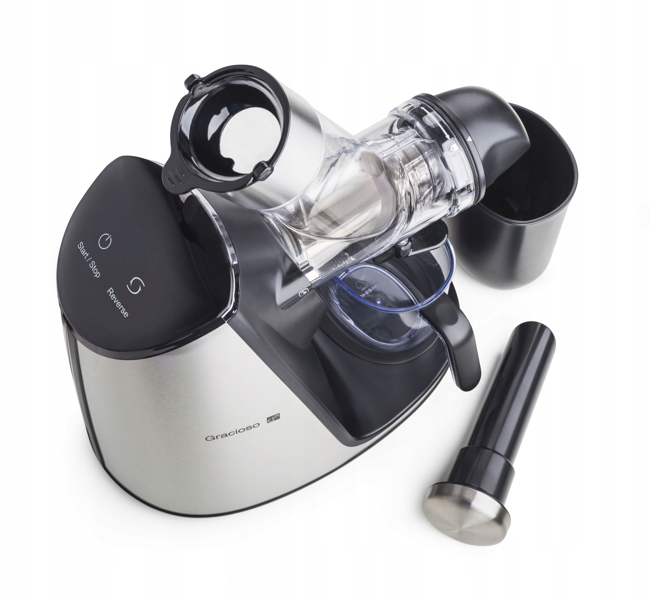 Wyciśnięcie soku ze stali nierdzewnej, czarne detale i przezroczysty plastik. Akcesoria na białej powierzchni.