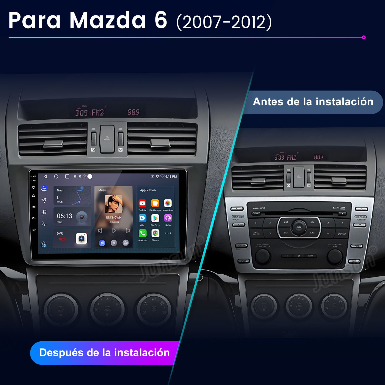 La imagen muestra el salpicadero de un coche antes y después de la instalación. El nuevo sistema tiene una pantalla táctil, que sustituye a la antigua radio.