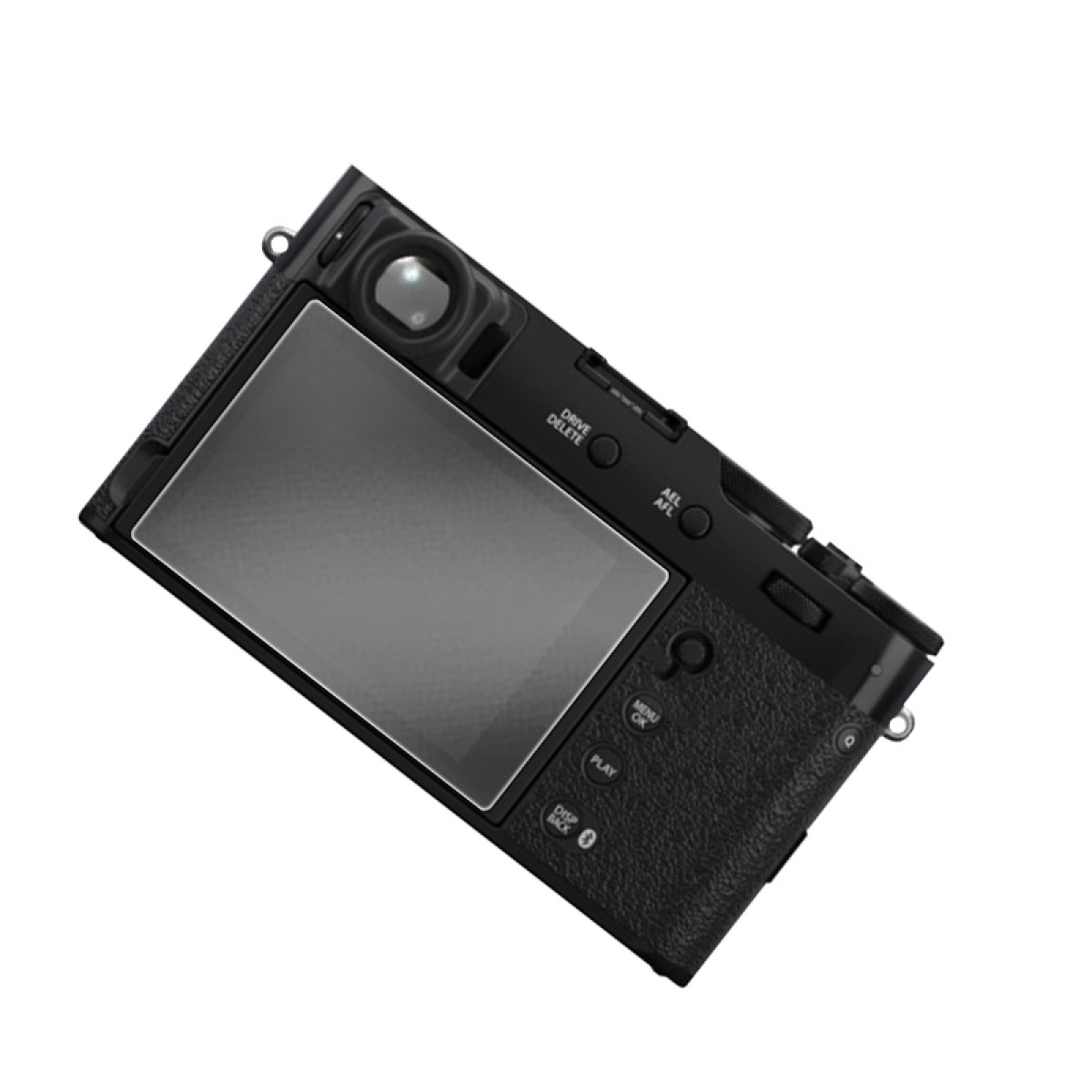 Czarny aparat fotograficzny, widok z góry. Ma obiektyw, ekran i przyciski. Ekran jest wyłączony. Aparat jest na białym tle.