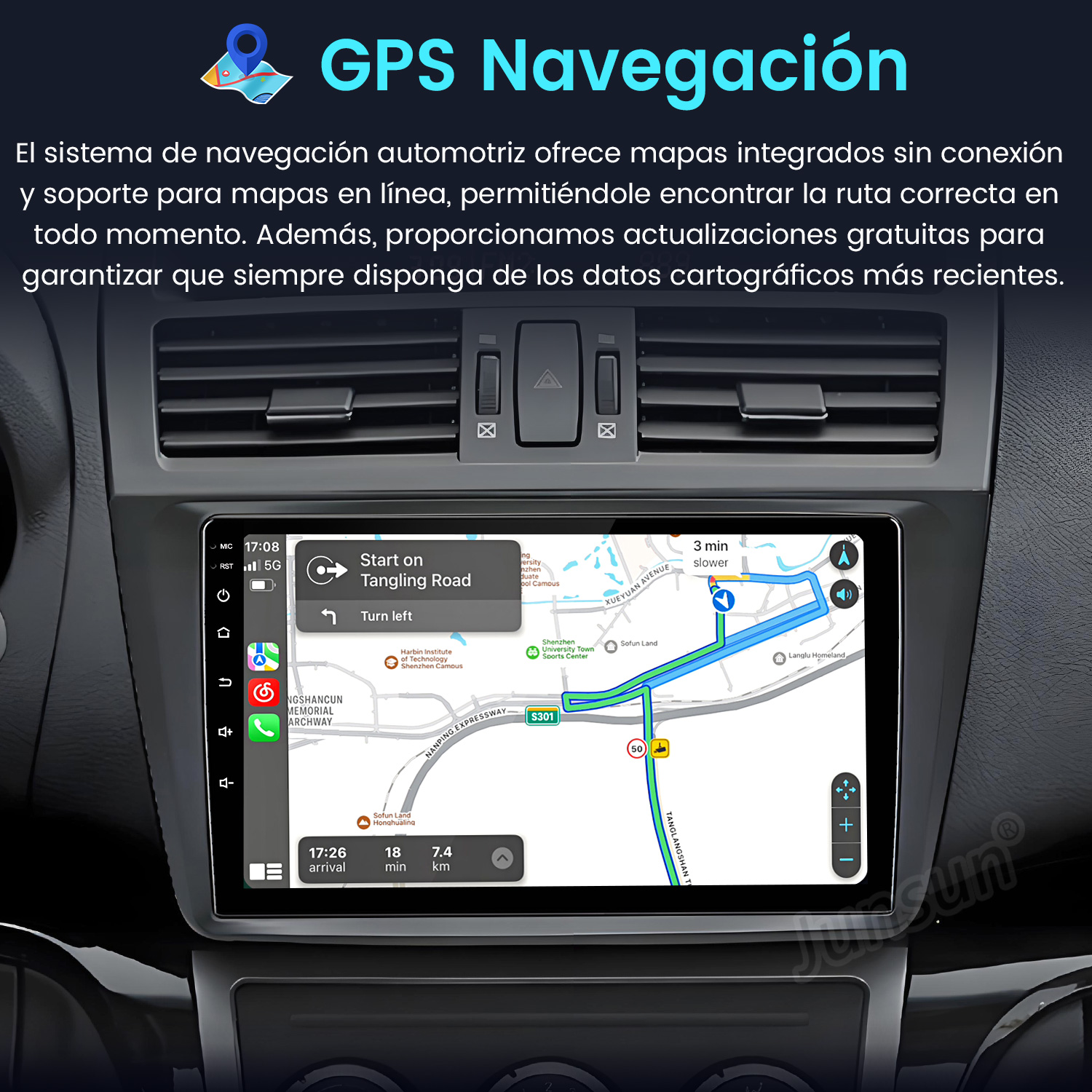 Sistema de navegación GPS del coche que muestra un mapa con ruta. La pantalla muestra nombres de calles e indicaciones.