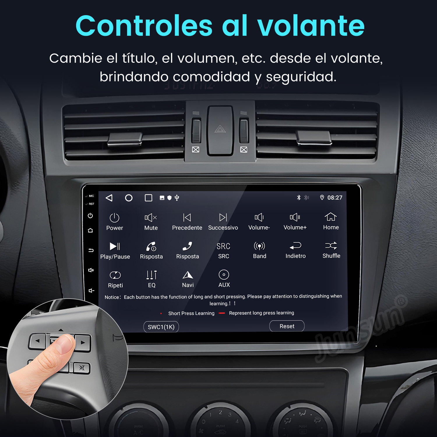 Panel de control del coche con pantalla táctil, controles del volante y texto 'Controles al volante'.