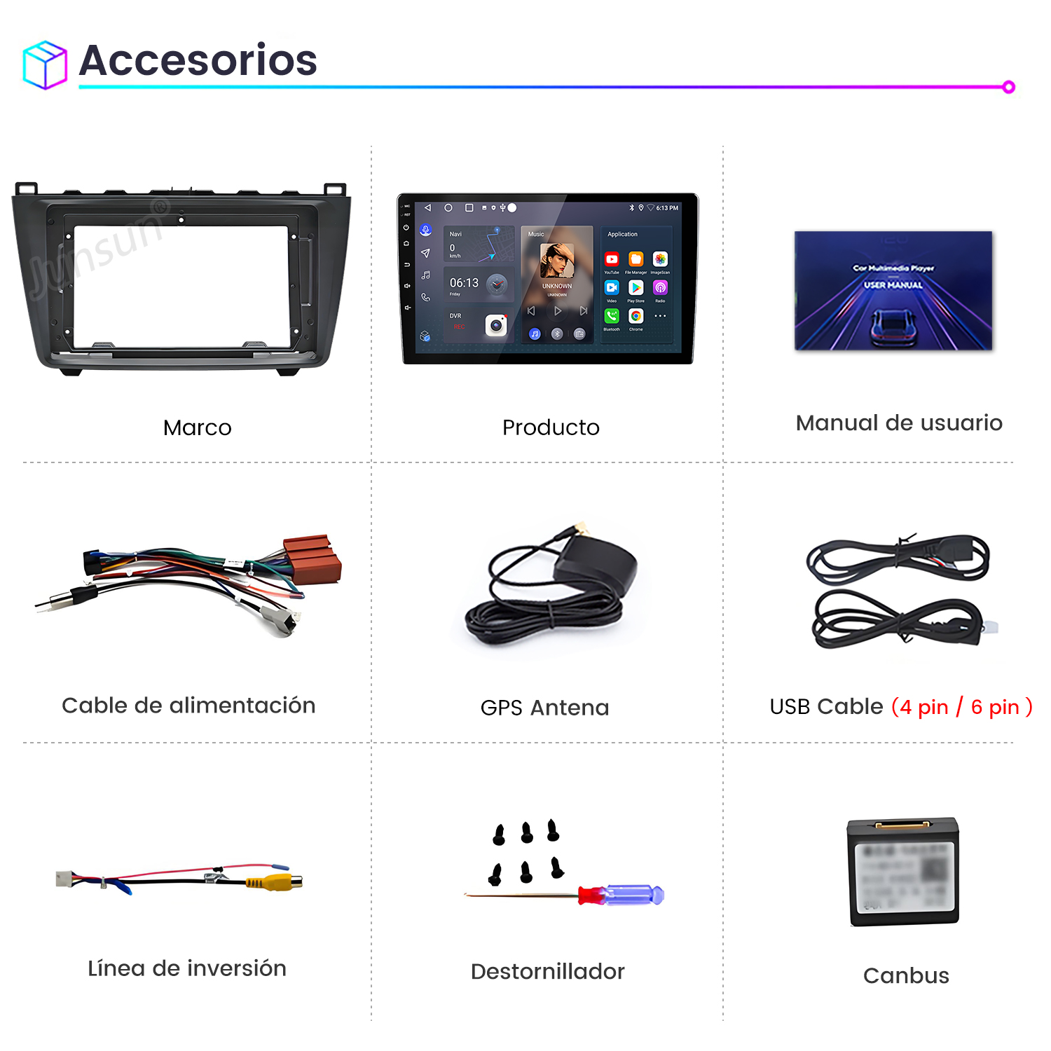 La imagen muestra accesorios para automóviles: un marco, un producto, un manual, un cable de alimentación, una antena GPS, un cable USB, una línea de marcha atrás, un destornillador y Canbus.