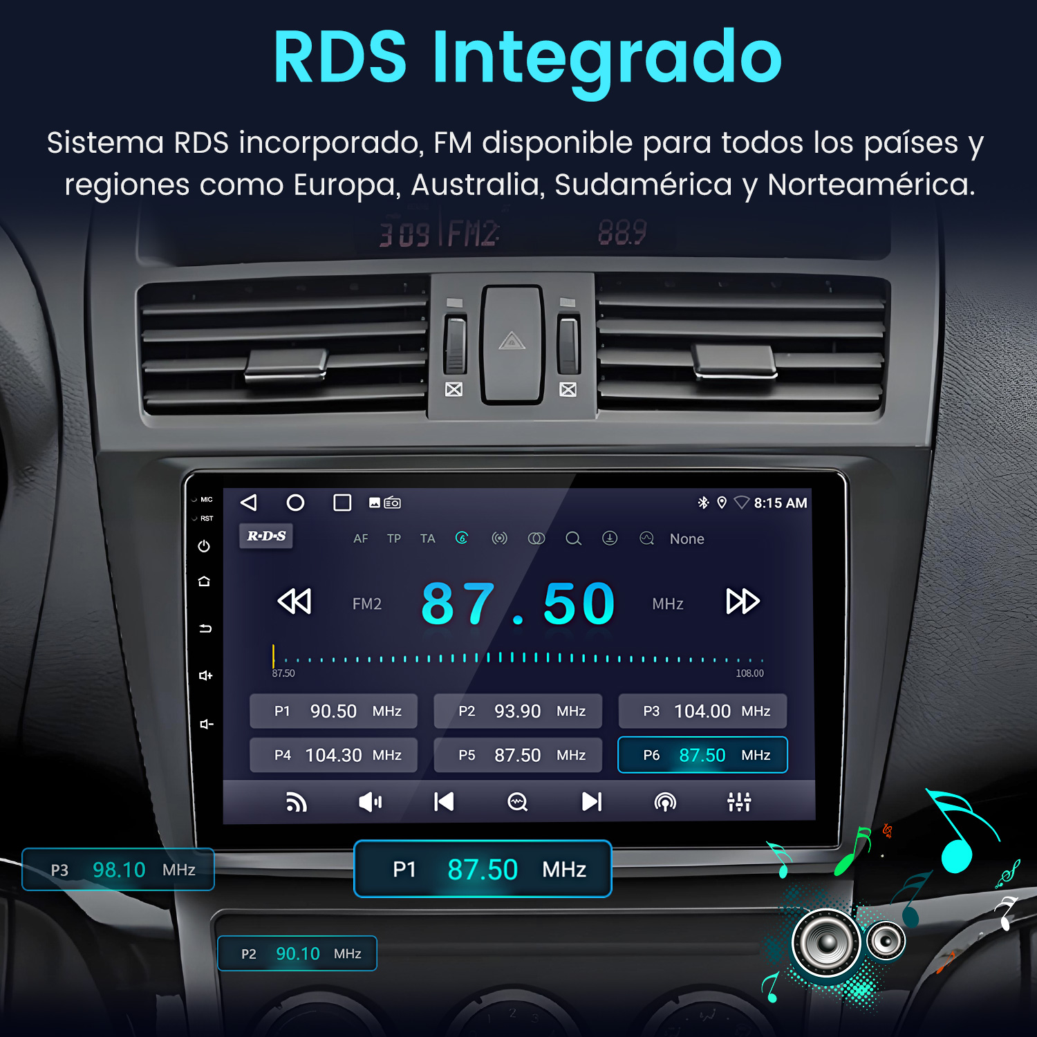 Interfaz de radio del coche que muestra la frecuencia FM 87.50 MHz. Texto: RDS Integrado. Botones para emisoras de radio y otras funciones.