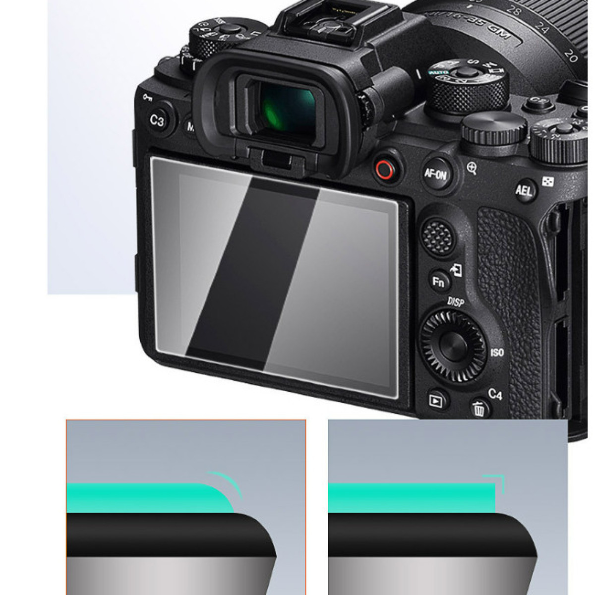 Pokazano czarny aparat z ekranem, z przyciskami i pokrętłami. Ekran jest prostokątny i odbija światło. Szczegółowy widok narożników.