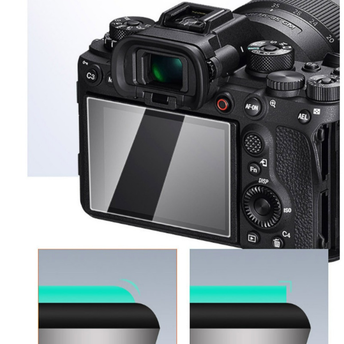 Zbliżenie na tył czarnego aparatu z ekranem, przyciskami i pokrętłami. Widoczne są również szczegóły obiektywu i osłony ekranu.