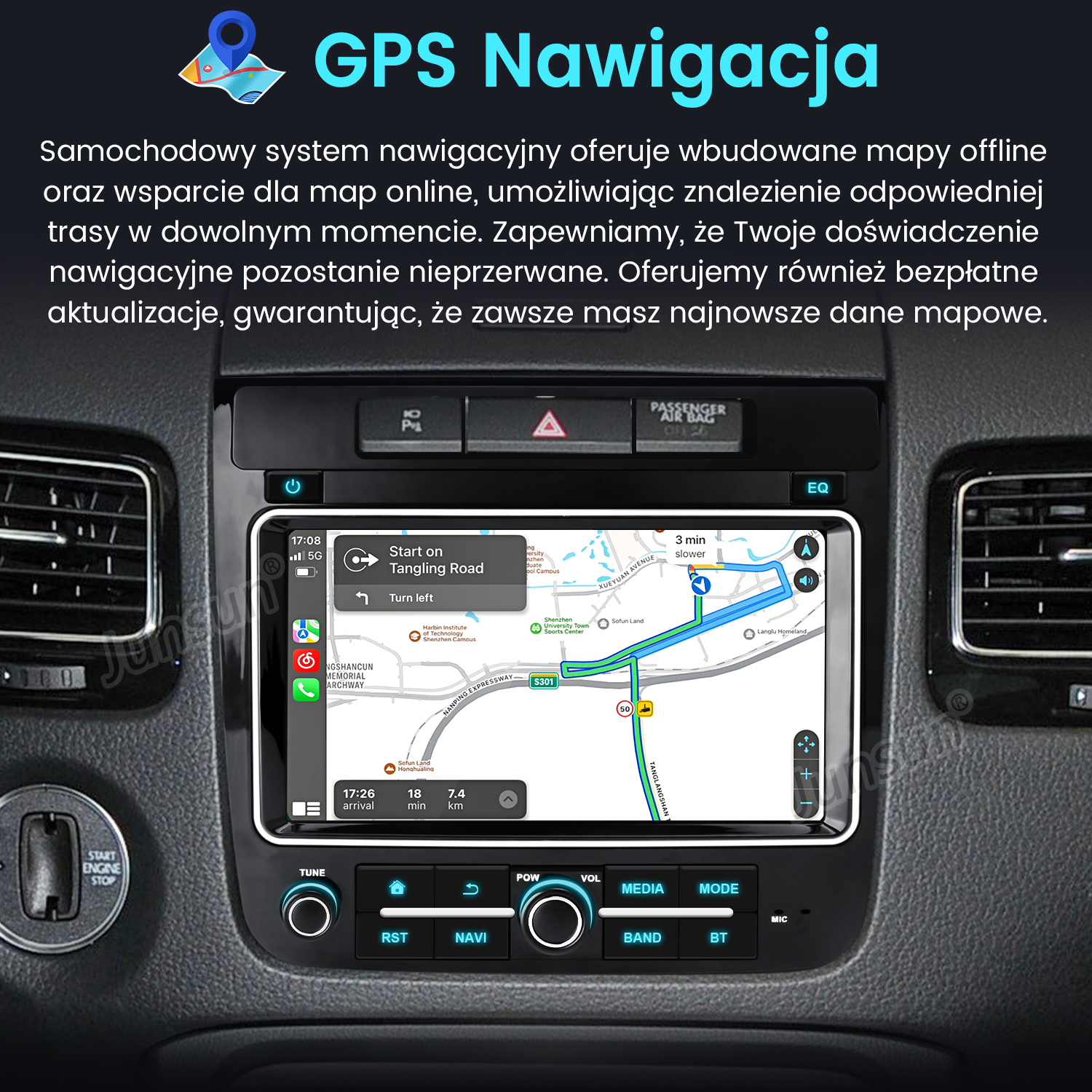 Deska rozdzielcza samochodu z nawigacją GPS. Ekran pokazuje mapę z trasą i różnymi przyciskami.