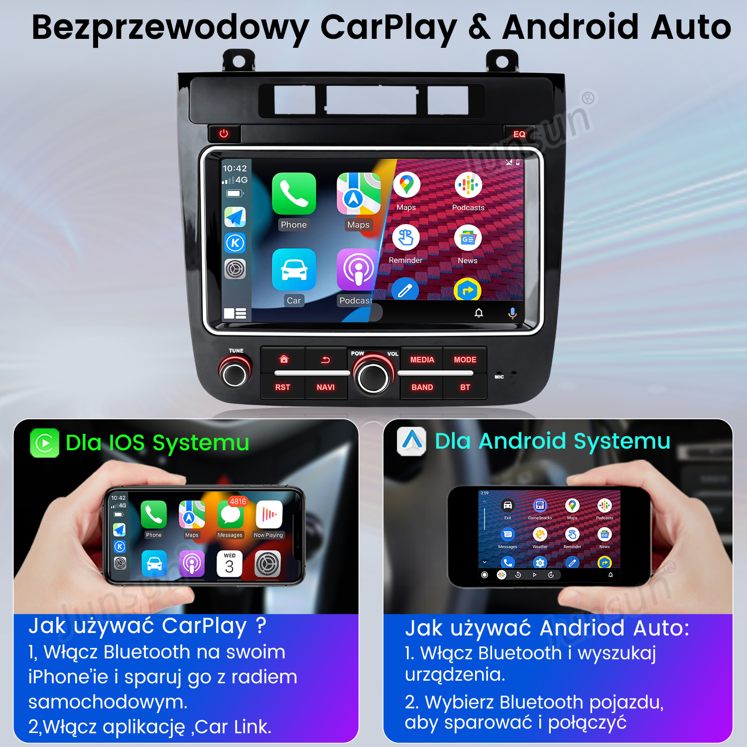 Ekran radia samochodowego z opcjami CarPlay i Android Auto, z interfejsami telefonów i aplikacji. Instrukcje konfiguracji znajdują się poniżej.