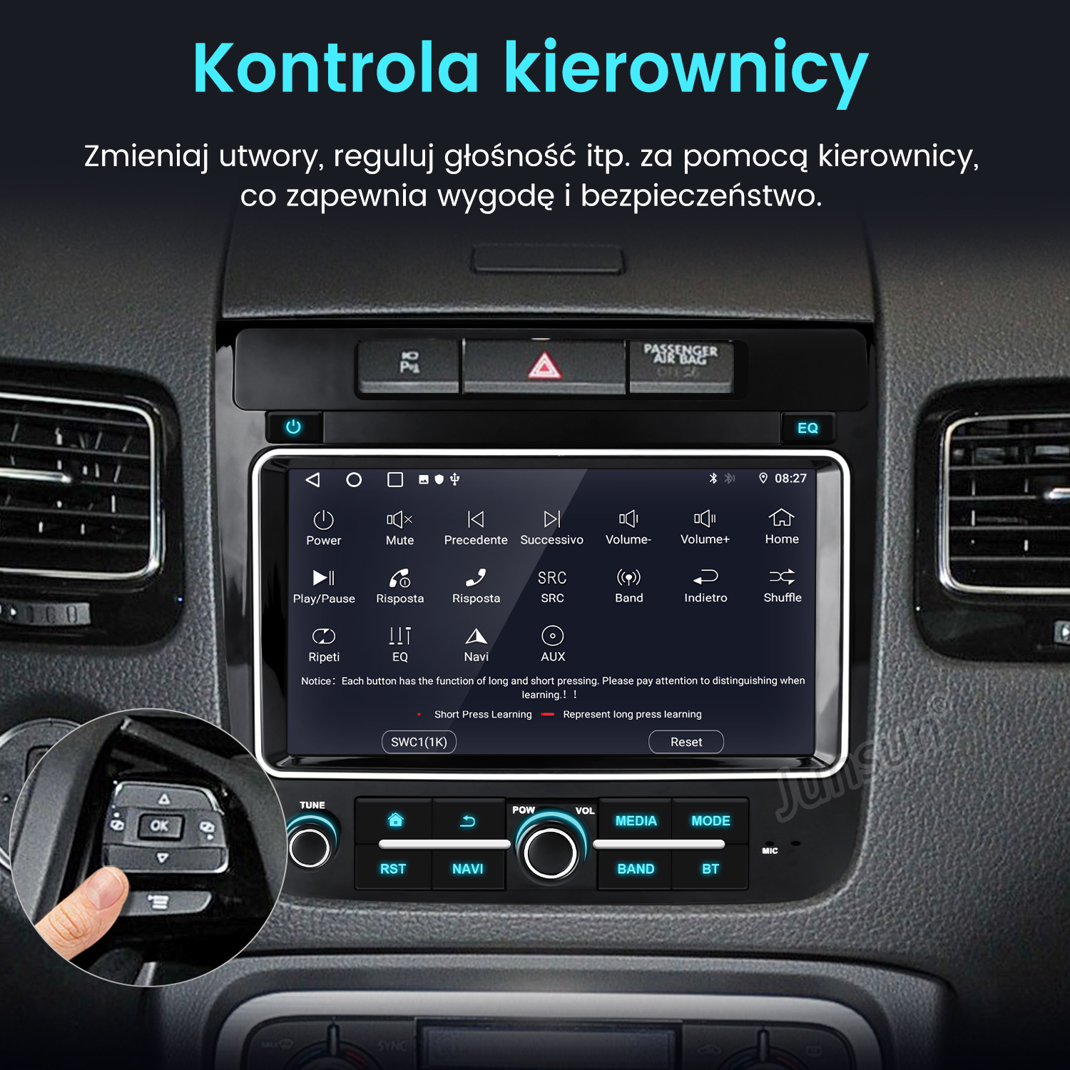 Ekran radia samochodowego z przyciskami. Ręka naciska przycisk na kierownicy. Tekst: Kontrola kierownicy.