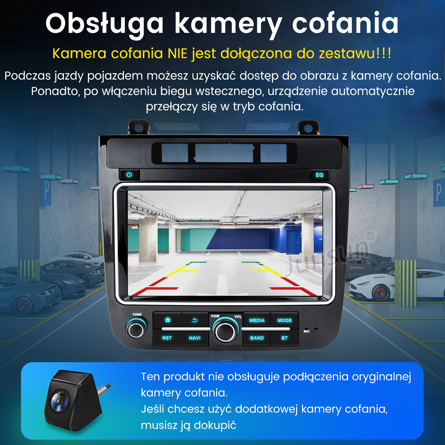 Ekran multimedialny samochodu pokazujący widok parkingu. Zawiera kamerę, przyciski sterowania i tekst o użyciu kamery.