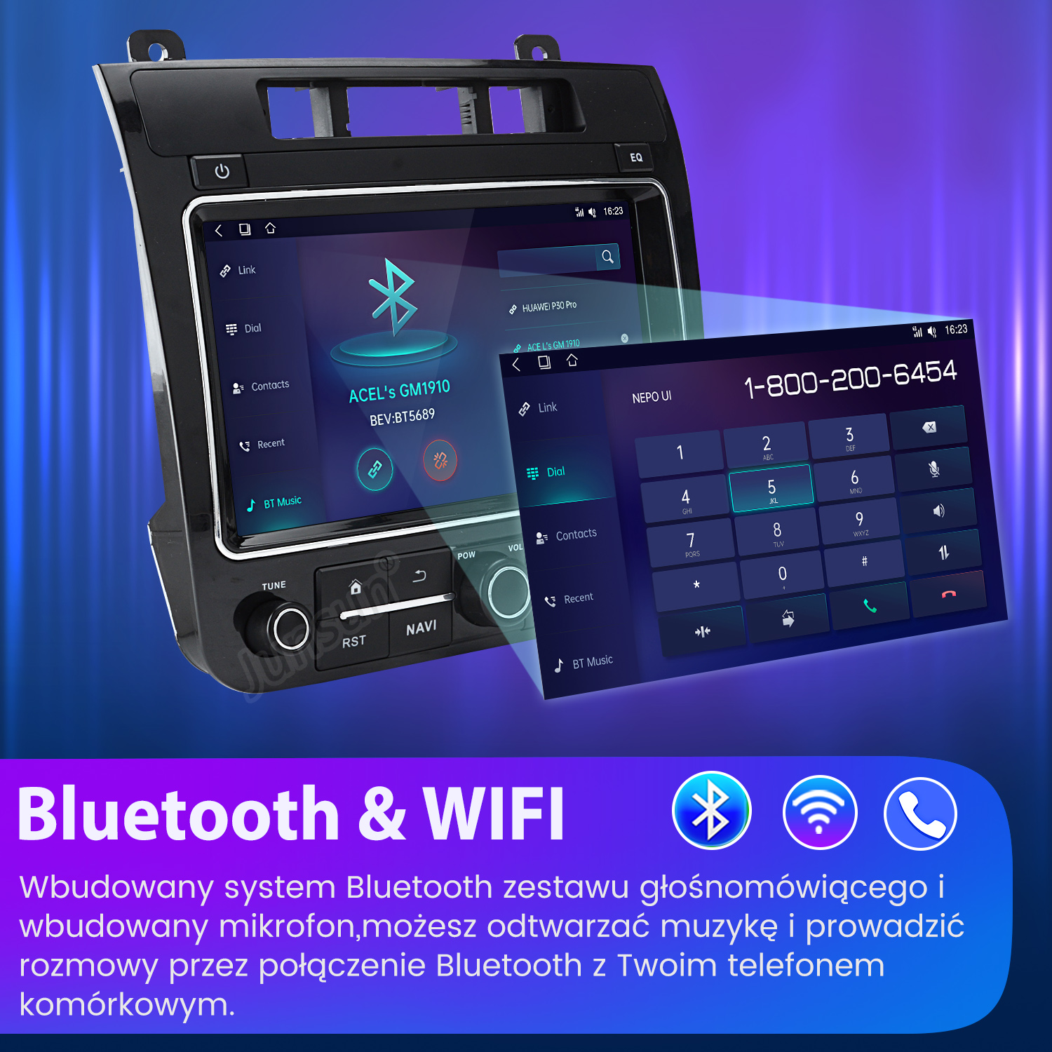 Radio samochodowe z Bluetooth i Wi-Fi, wyświetlające dialer i logo Bluetooth, z numerem telefonu na ekranie.