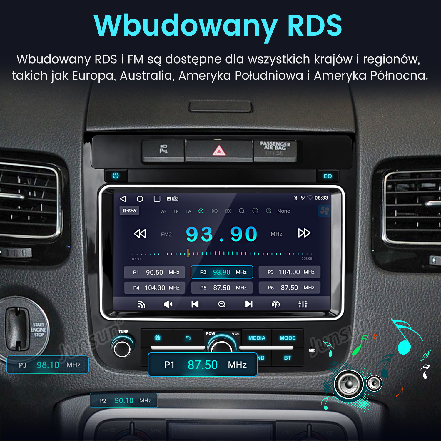 Ekran radia samochodowego wyświetlający informacje radiowe FM. Wyświetla częstotliwość 93,90 MHz. Przyciski do strojenia, trybu, mediów i zasilania.