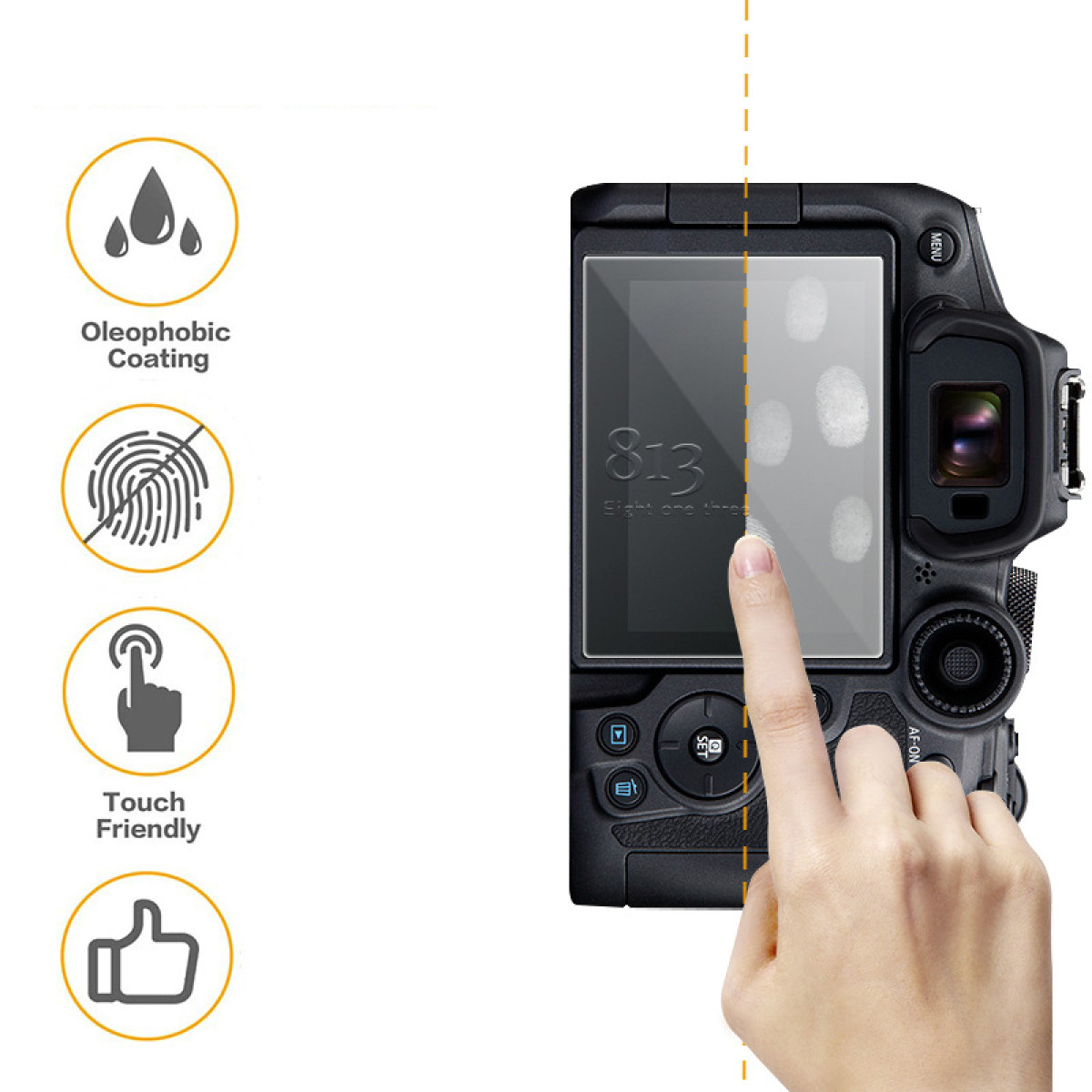 Ręka dotyka ekranu aparatu. Ekran pokazuje odciski palców. Ikony wskazują powłokę oleofobową, odporność na odciski palców.