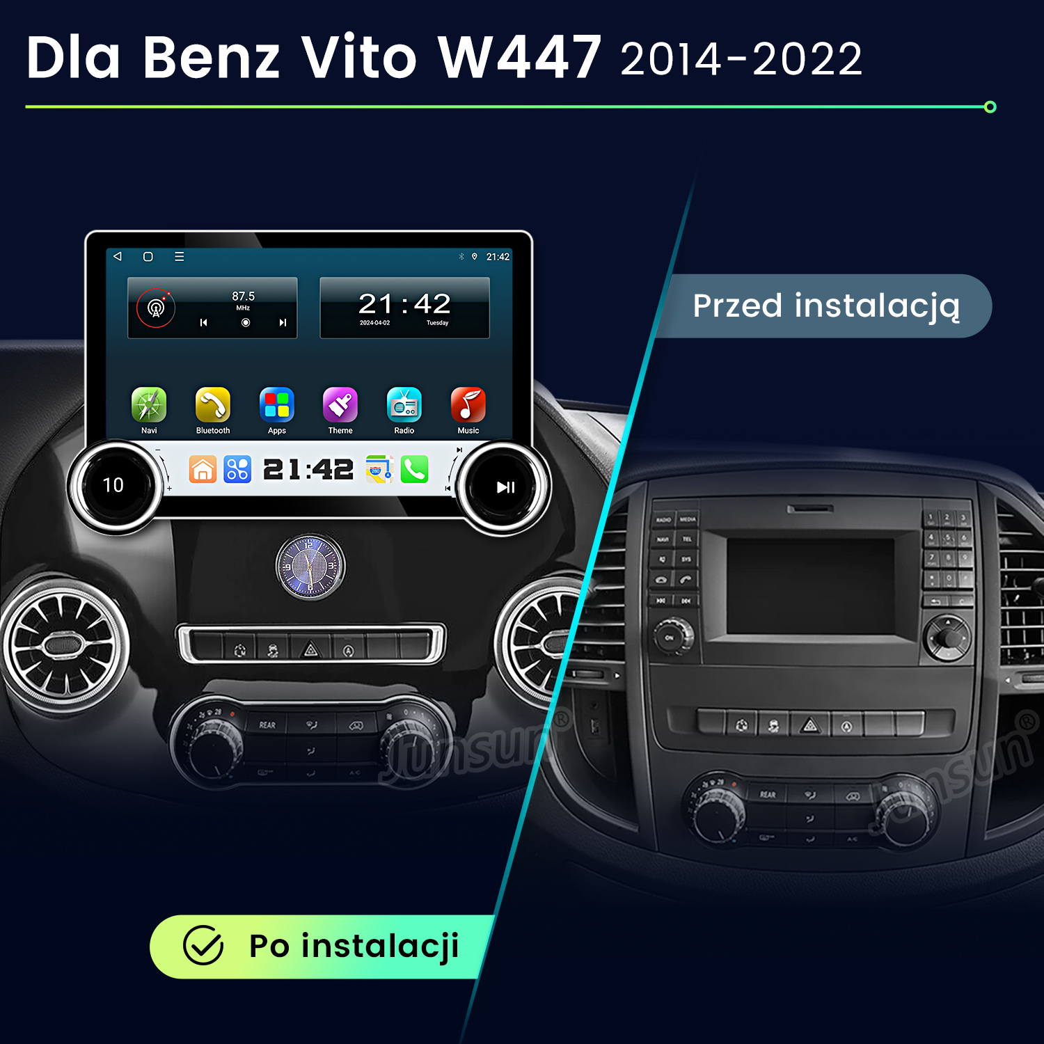 Obraz przedstawia deskę rozdzielczą Benz Vito W447 przed i po zainstalowaniu nowego systemu multimedialnego.