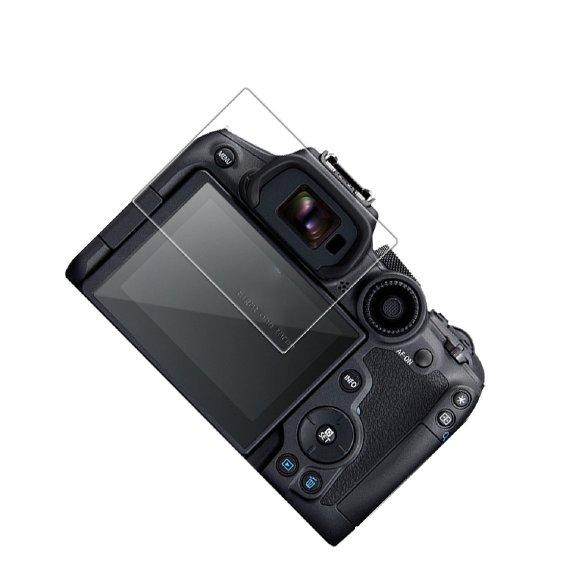 Widok z góry na czarny aparat z przezroczystą osłoną ekranu. Widoczne przyciski i pokrętło. Ekran wyświetla tekst. Białe tło.