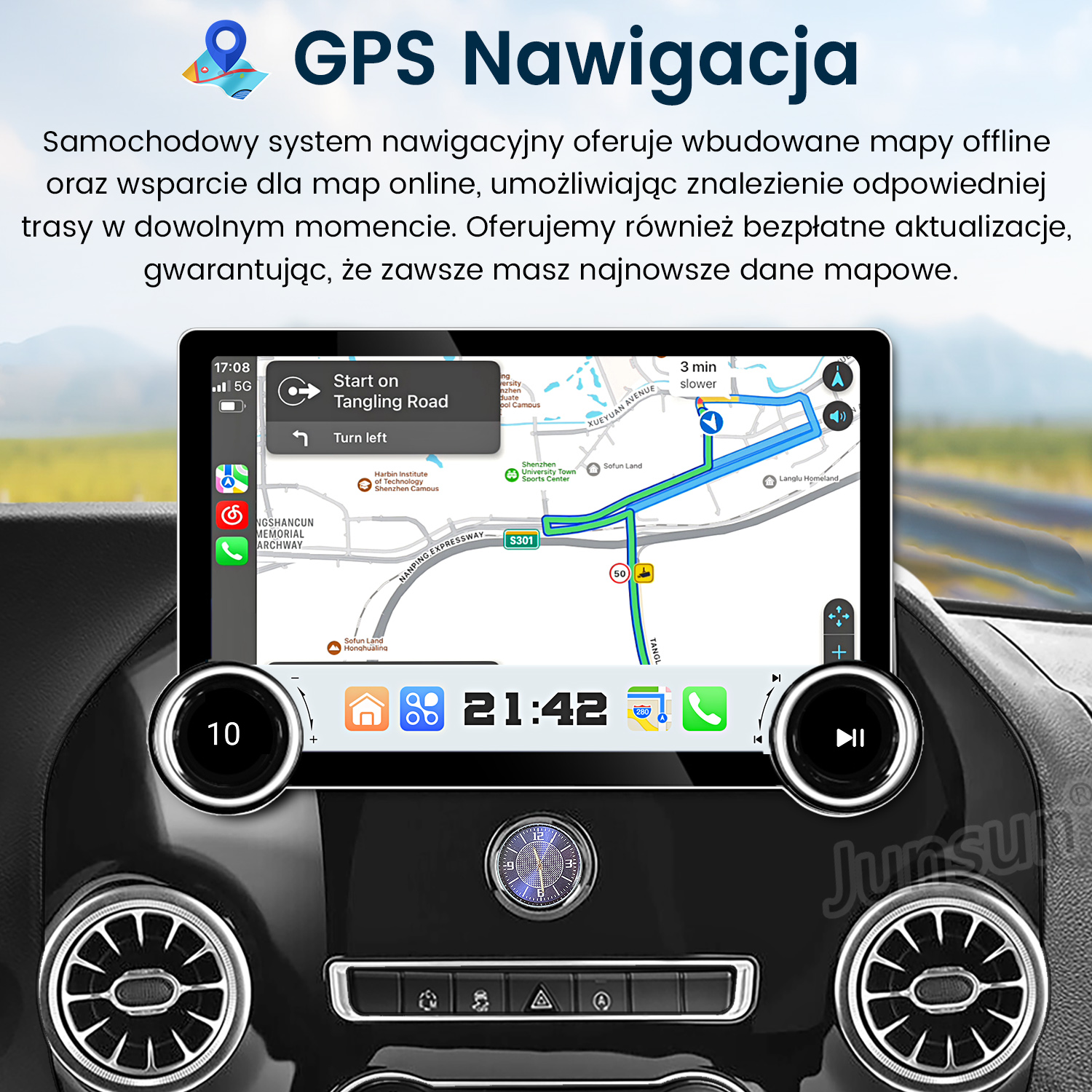 Panel samochodu z mapą nawigacji, trasą, godziną, prędkością i ikonami funkcji.