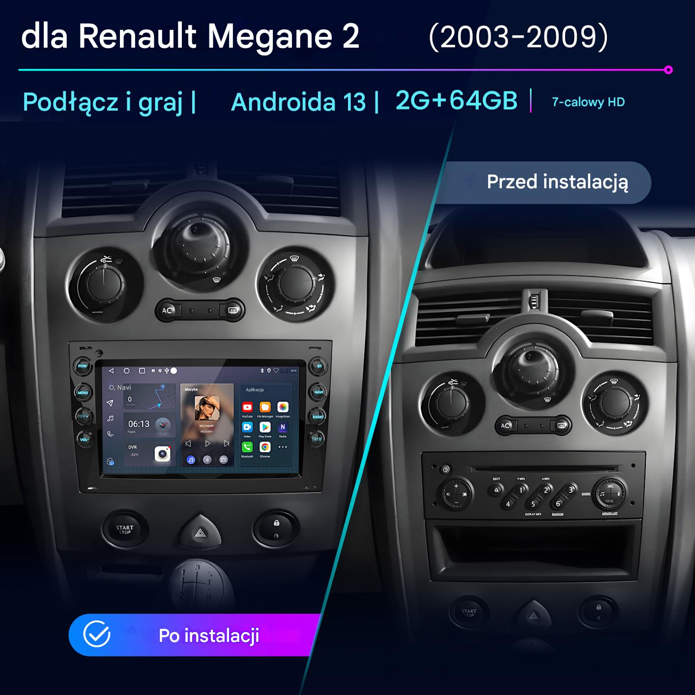 Porównanie deski rozdzielczej: stare radio vs. nowy system Android. Pokazuje wnętrze samochodu przed i po instalacji.